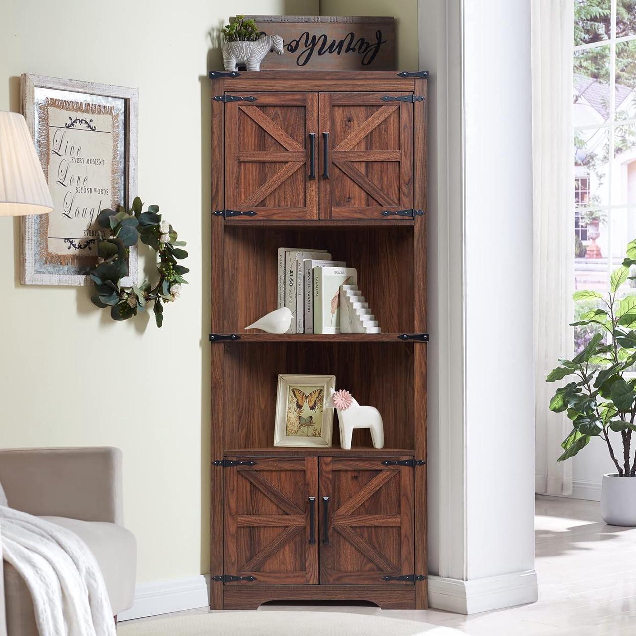 Main image of Farmhouse Corner Cabinet, Tall Corner Bathroom Storage Cabinet with Barn Door & Adjustable Shelves, for Living Room, Kitchen,Utility Room (Antique Brown)