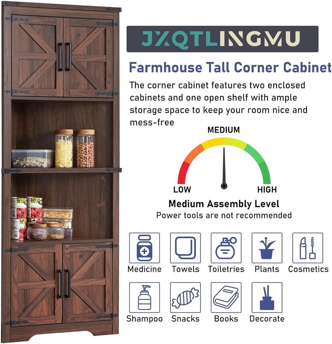 Alt view image 7 of 7 - Farmhouse Corner Cabinet, Tall Corner Bathroom Storage Cabinet with Barn Door & Adjustable Shelves, for Living Room, Kitchen,Utility Room (Antique Brown)