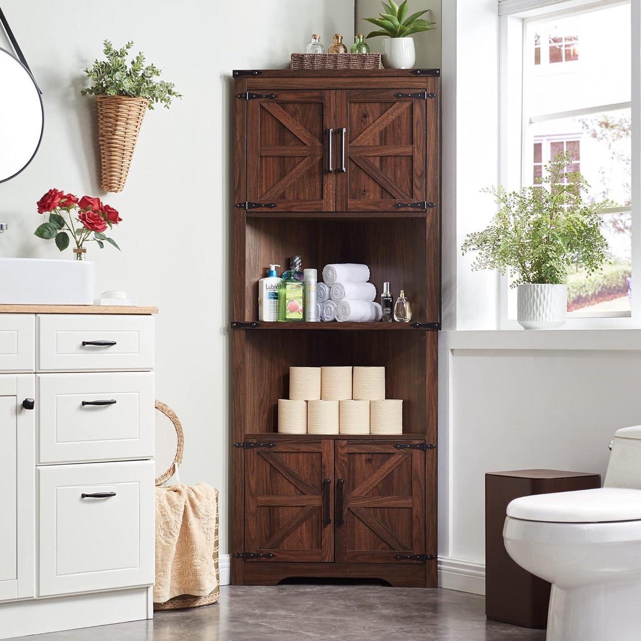 Alt view image 3 of 7 - Farmhouse Corner Cabinet, Tall Corner Bathroom Storage Cabinet with Barn Door & Adjustable Shelves, for Living Room, Kitchen,Utility Room (Antique Brown)