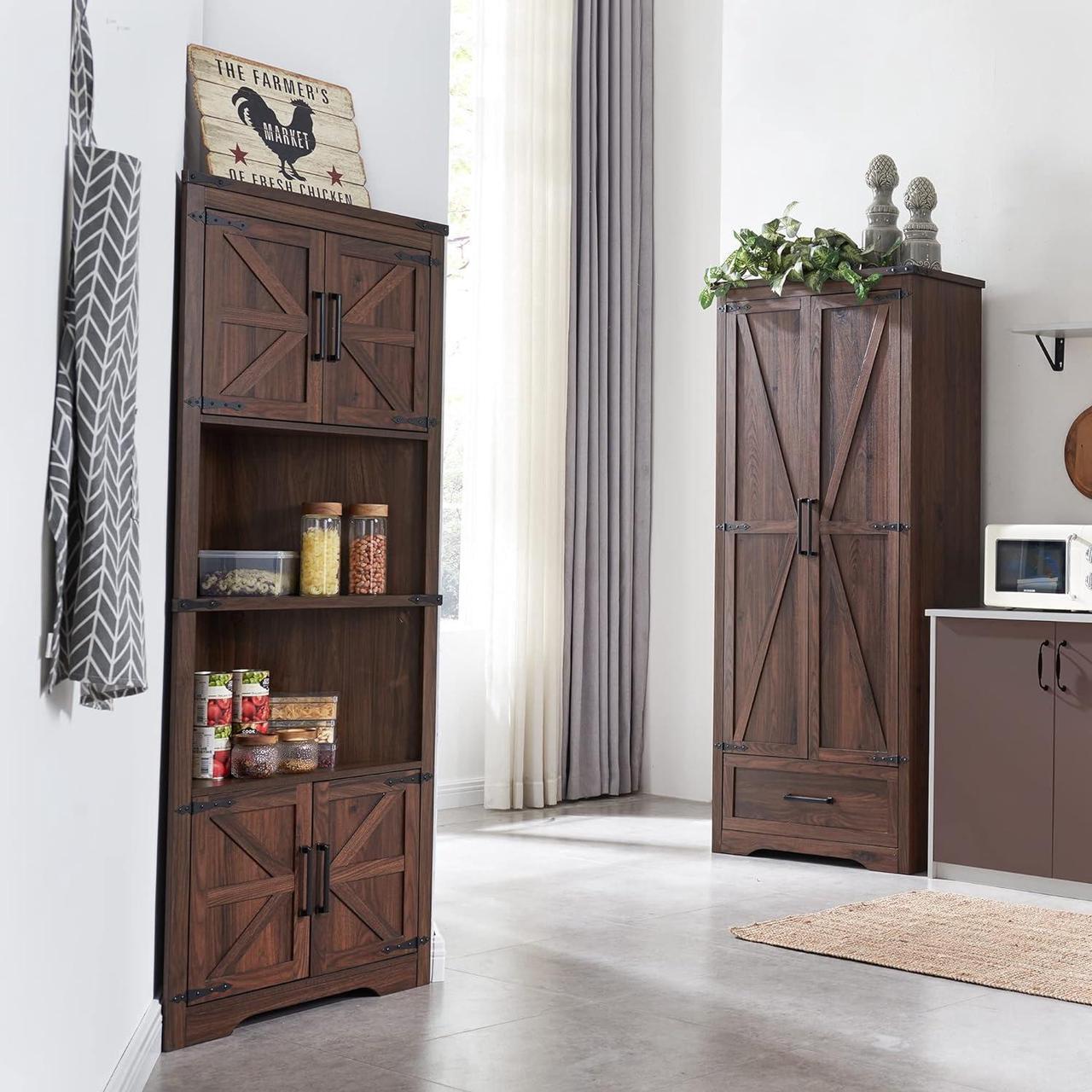Alt view image 4 of 7 - Farmhouse Corner Cabinet, Tall Corner Bathroom Storage Cabinet with Barn Door & Adjustable Shelves, for Living Room, Kitchen,Utility Room (Antique Brown)