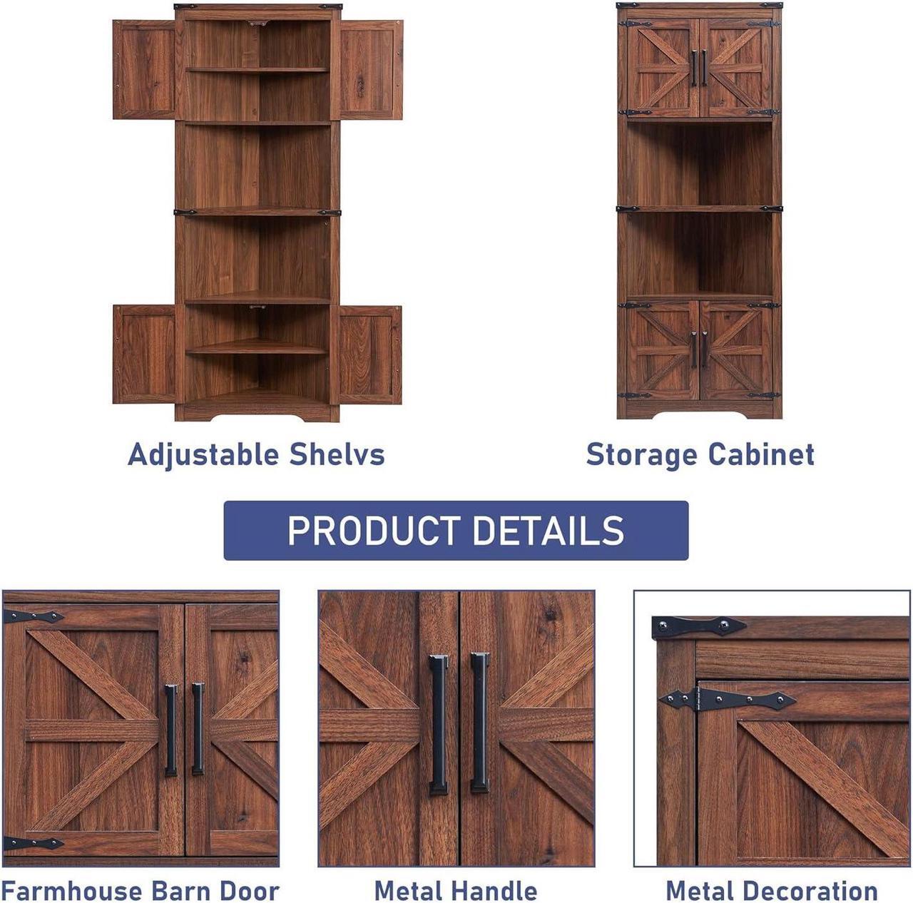 Alt view image 6 of 7 - Farmhouse Corner Cabinet, Tall Corner Bathroom Storage Cabinet with Barn Door & Adjustable Shelves, for Living Room, Kitchen,Utility Room (Antique Brown)