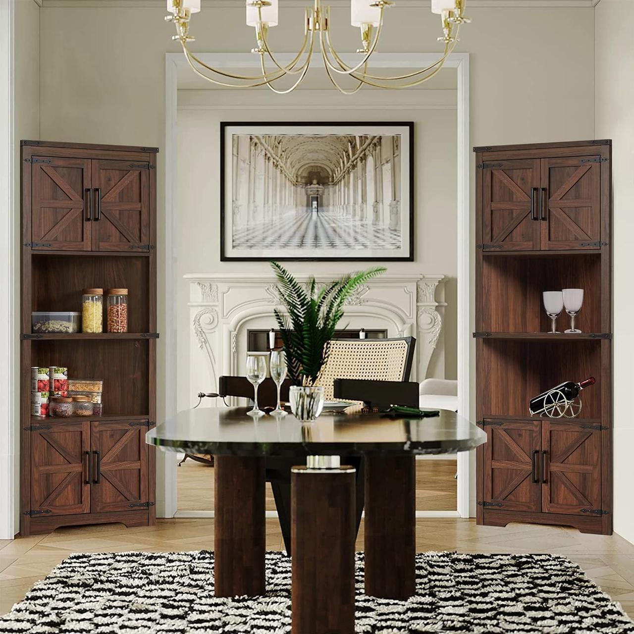 Alt view image 5 of 7 - Farmhouse Corner Cabinet, Tall Corner Bathroom Storage Cabinet with Barn Door & Adjustable Shelves, for Living Room, Kitchen,Utility Room (Antique Brown)