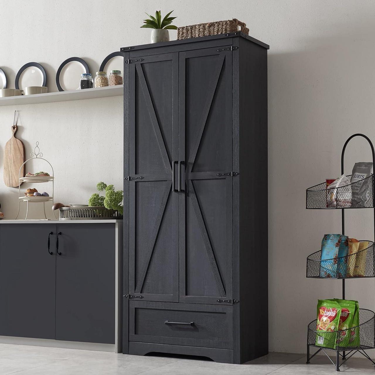 Main image of 72" Tall Farmhouse Kitchen Pantry with Adjustable Shelves, Wood Storage Cabinet with Drawer & 2 Barn Doors, Versatile Storage for Dining Room, Bathroom, Living Room, Black