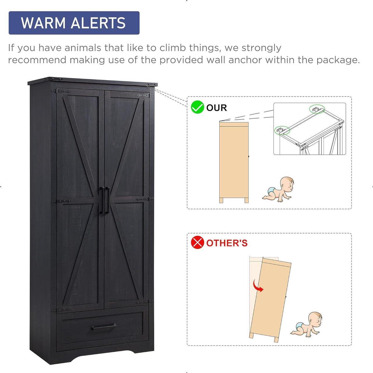 Alt view image 6 of 7 - 72" Tall Farmhouse Kitchen Pantry with Adjustable Shelves, Wood Storage Cabinet with Drawer & 2 Barn Doors, Versatile Storage for Dining Room, Bathroom, Living Room, Black