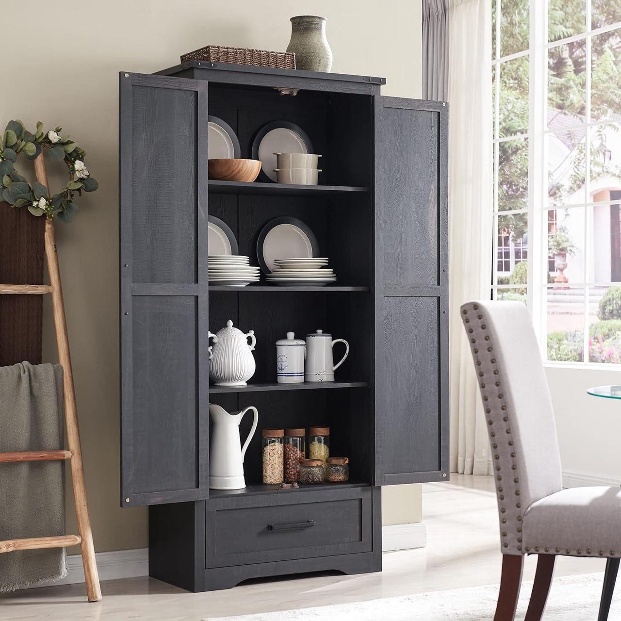 Alt view image 3 of 7 - 72" Tall Farmhouse Kitchen Pantry with Adjustable Shelves, Wood Storage Cabinet with Drawer & 2 Barn Doors, Versatile Storage for Dining Room, Bathroom, Living Room, Black