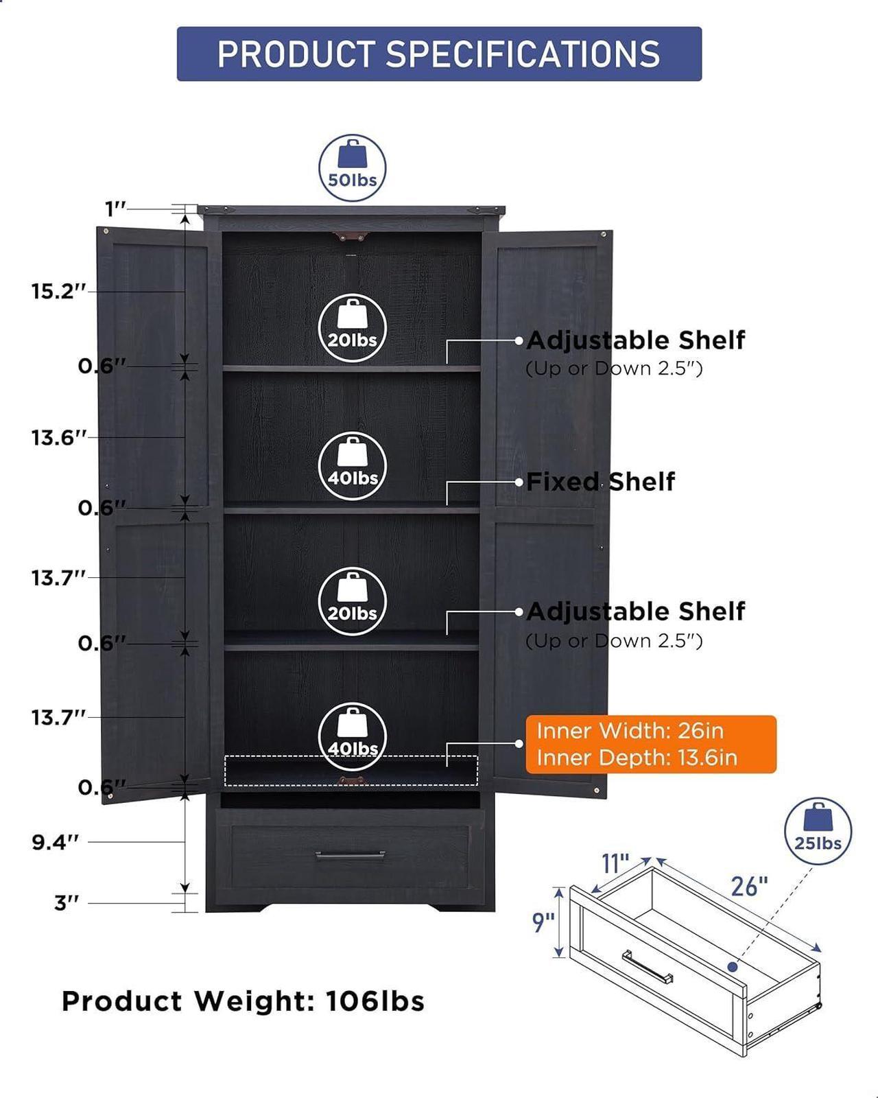 Alt view image 2 of 7 - 72" Tall Farmhouse Kitchen Pantry with Adjustable Shelves, Wood Storage Cabinet with Drawer & 2 Barn Doors, Versatile Storage for Dining Room, Bathroom, Living Room, Black