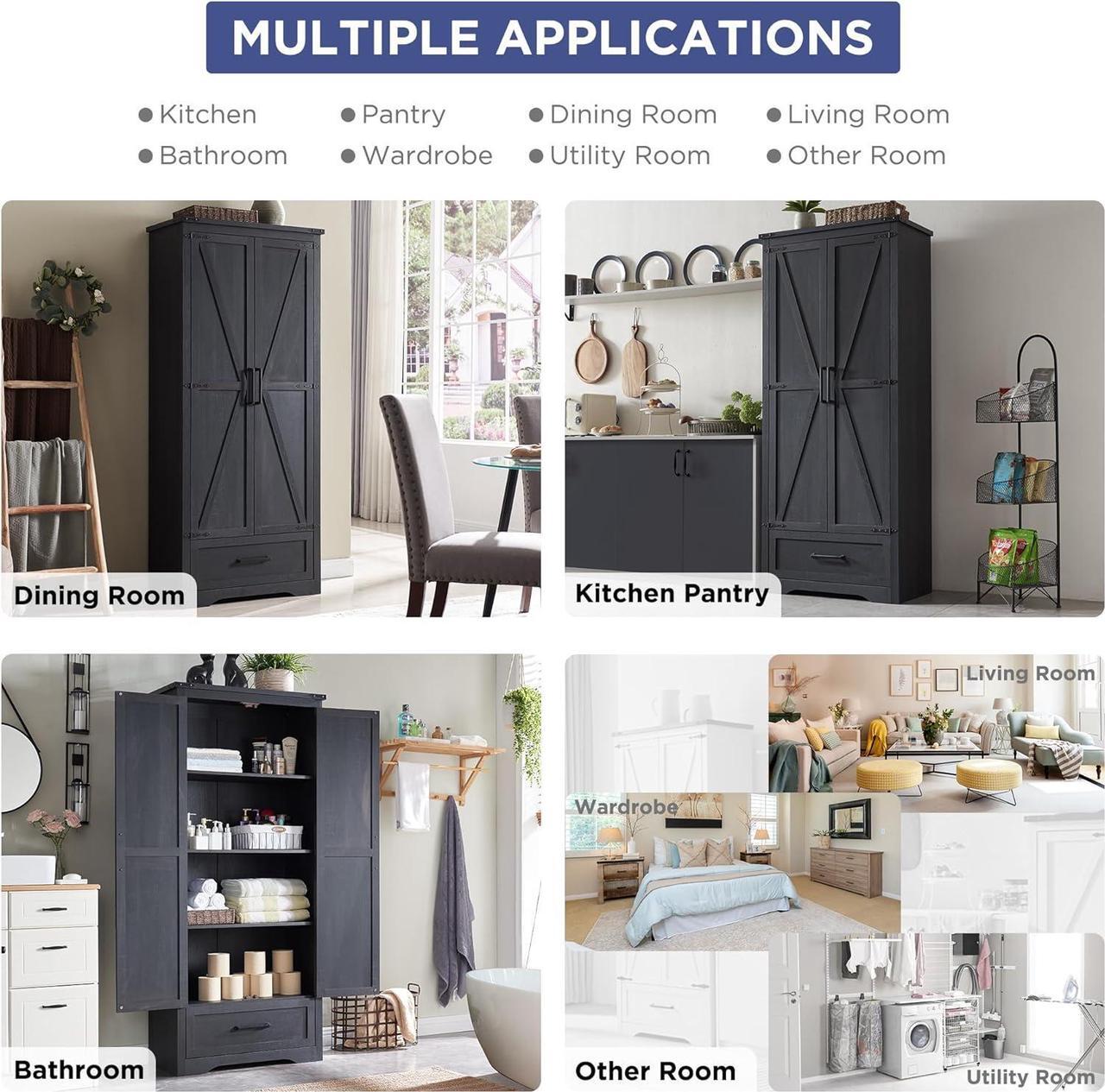 Alt view image 4 of 7 - 72" Tall Farmhouse Kitchen Pantry with Adjustable Shelves, Wood Storage Cabinet with Drawer & 2 Barn Doors, Versatile Storage for Dining Room, Bathroom, Living Room, Black