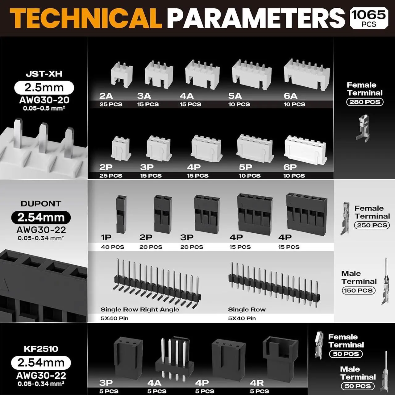 Alt view image 3 of 7 - Crimping Tool Connector Set, JST-XH 2.5mm/Dupont 2.54mm/KF2510 2.54mm Connector Set, 26 Styles, 30-20 AWG Ratcheting Crimper for JST Series,KF2510,Molex,AMP EI series