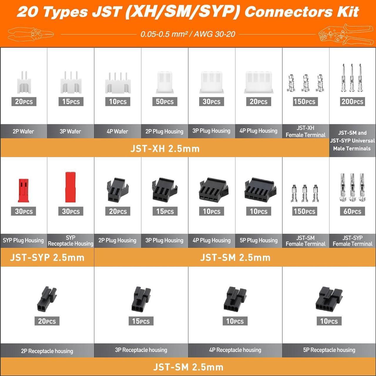 Alt view image 2 of 7 - JST Electrical Connectors Crimping Kit, Micro Connector Pin Crimping Tool AWG30-20 with 20 types JST-XH/JST-SM/SYP Electrical Connectors+Wire Stripper, Ratcheting Crimper for JST,Dupont,KF2510