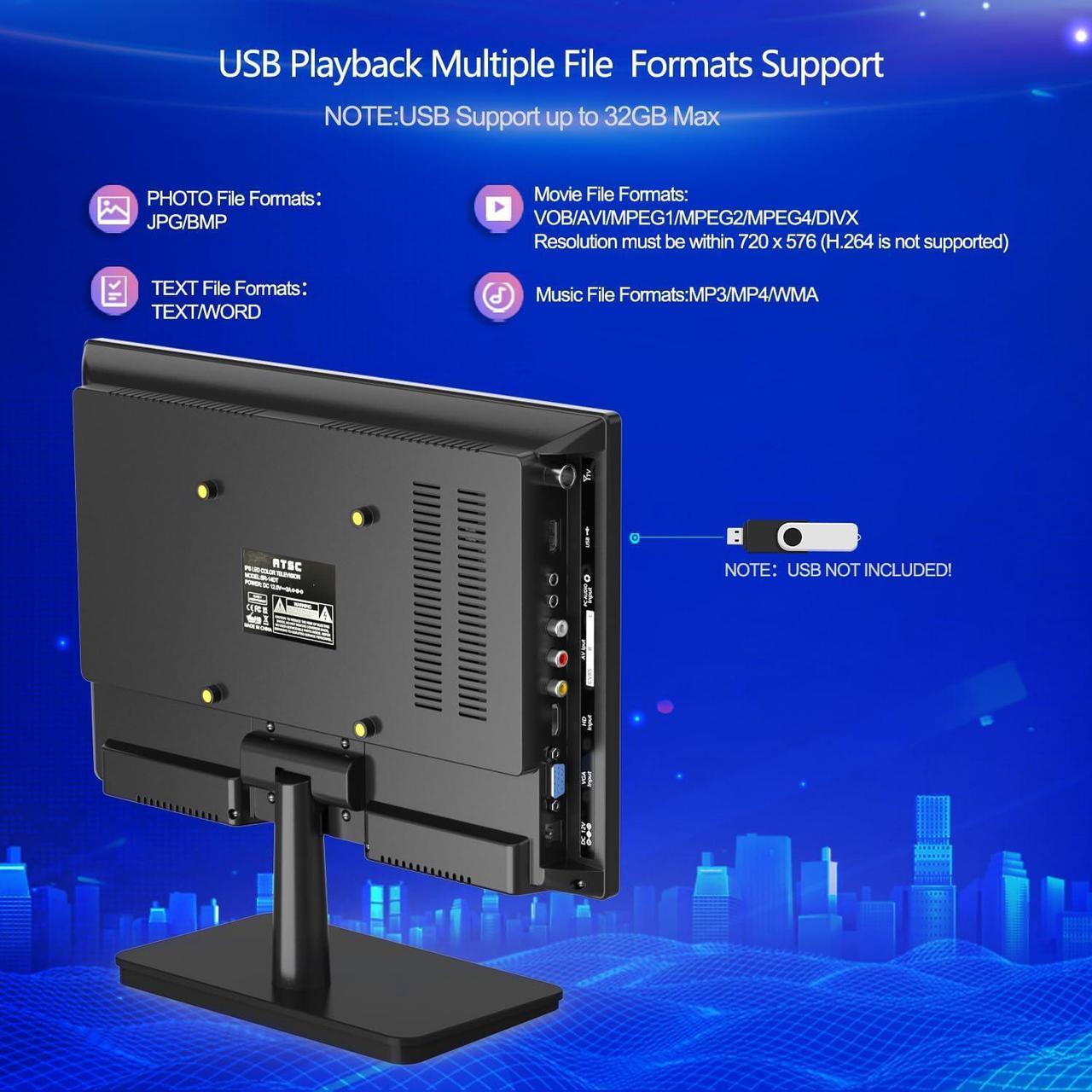 Alt view image 6 of 7 - 14 inch Small Flat Screen Kitchen TV with Antenna ATSC Tuner/USB/HDMI/AV/VGA, Built-in TV Stand and Remote Control for Car,RV,Camping,Outdoor or Office