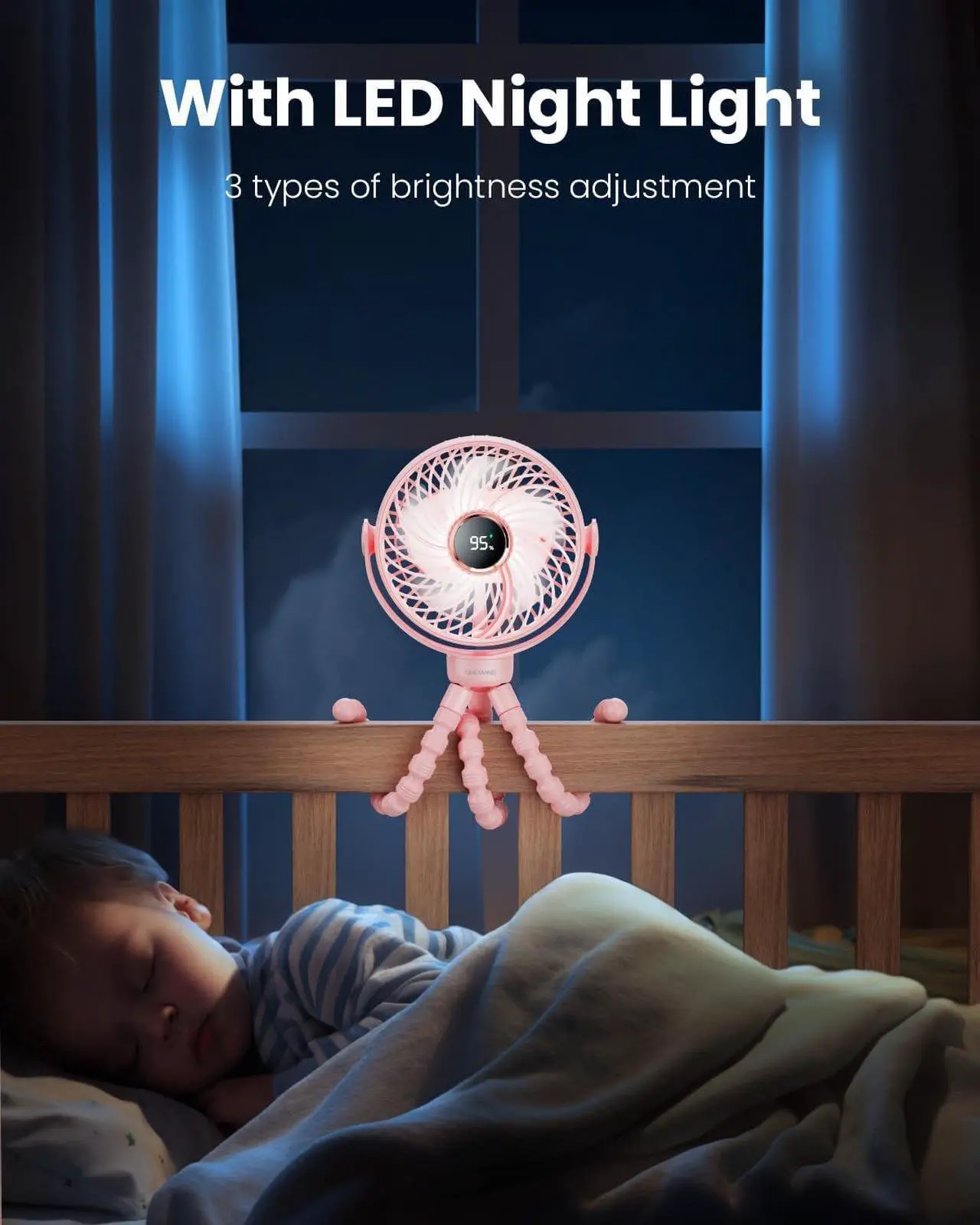Alt view image 5 of 6 - Stroller Fan, LED Light Portable Fan, 3600mAh Battery Operated Small Clip on Fan, 4 Speed Rechargeable Mini Personal Fan Cooling Travel Fan For Car Seat Crib Treadmill (Pink)