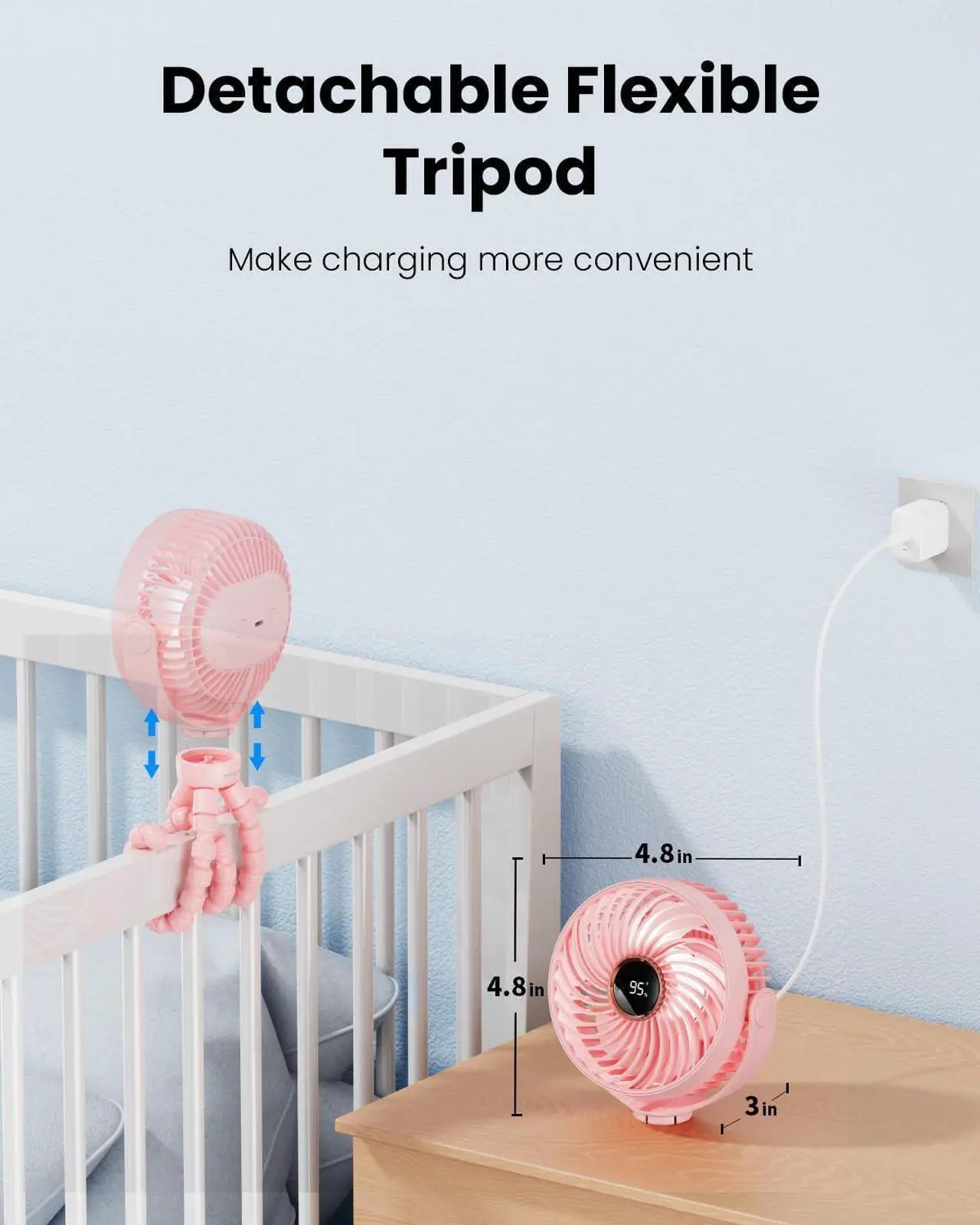Alt view image 4 of 6 - Stroller Fan, LED Light Portable Fan, 3600mAh Battery Operated Small Clip on Fan, 4 Speed Rechargeable Mini Personal Fan Cooling Travel Fan For Car Seat Crib Treadmill (Pink)