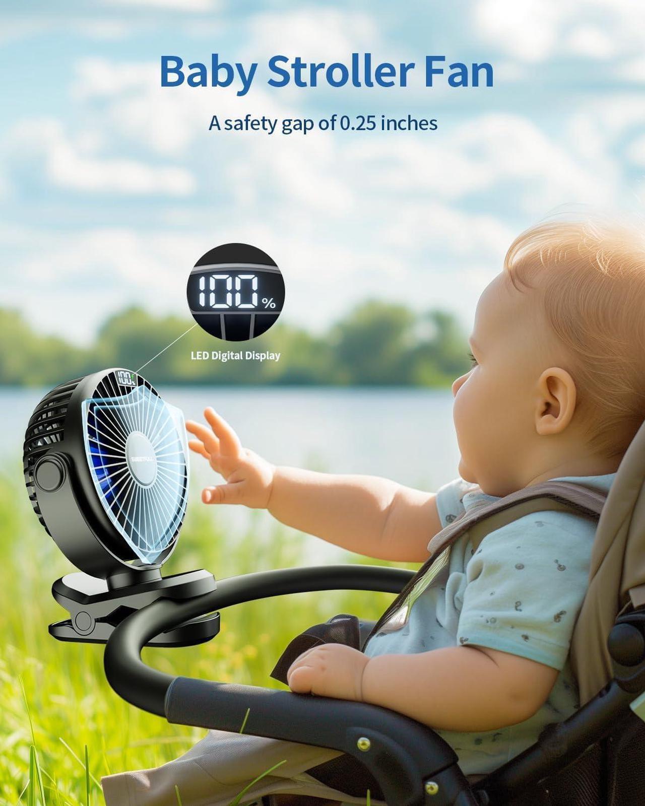 Alt view image 2 of 7 - Portable Clip on Fan - Battery Operated Stroller Fan, 4000mAh Small Rechargeable Fan with LED Display, 4 Speeds, Mini Personal Cooling Desk Fan for Golf Cart Travel Camping Gym (Black)