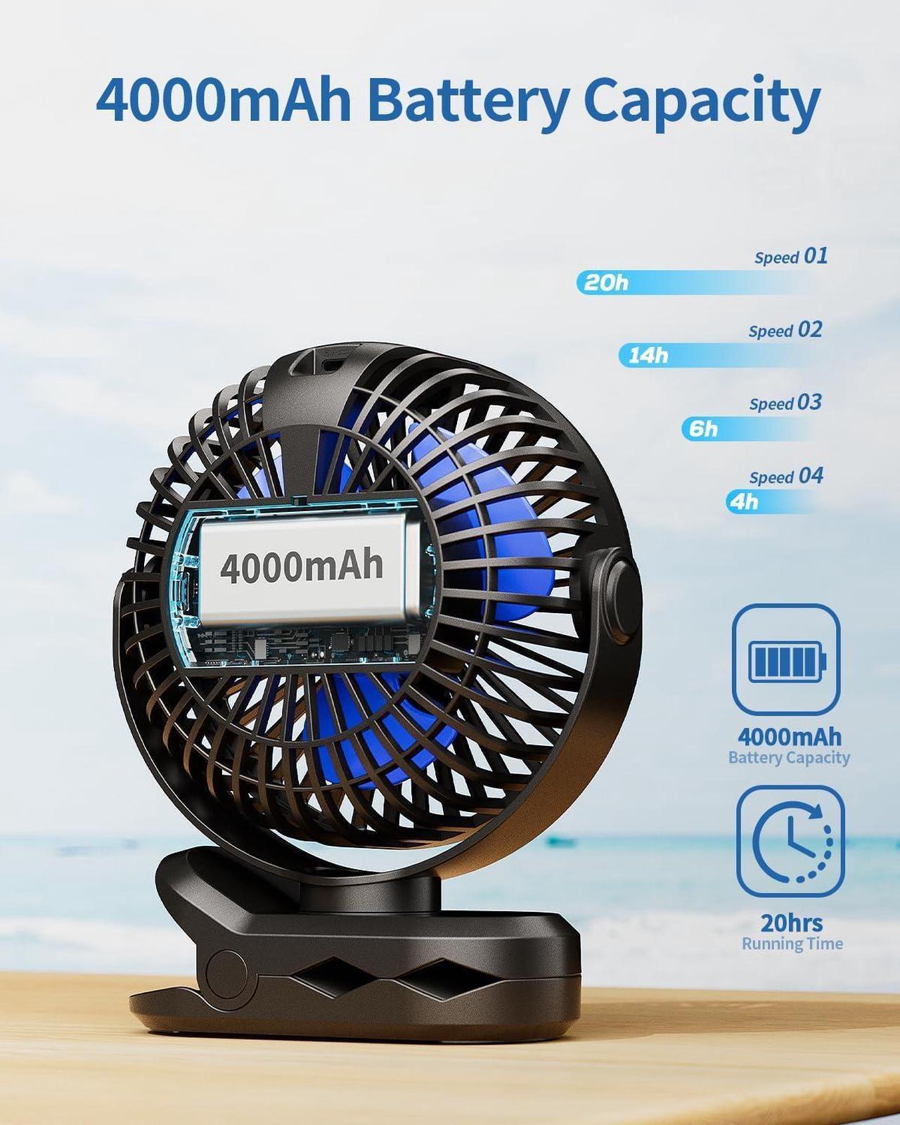 Alt view image 3 of 7 - Portable Clip on Fan - Battery Operated Stroller Fan, 4000mAh Small Rechargeable Fan with LED Display, 4 Speeds, Mini Personal Cooling Desk Fan for Golf Cart Travel Camping Gym (Black)