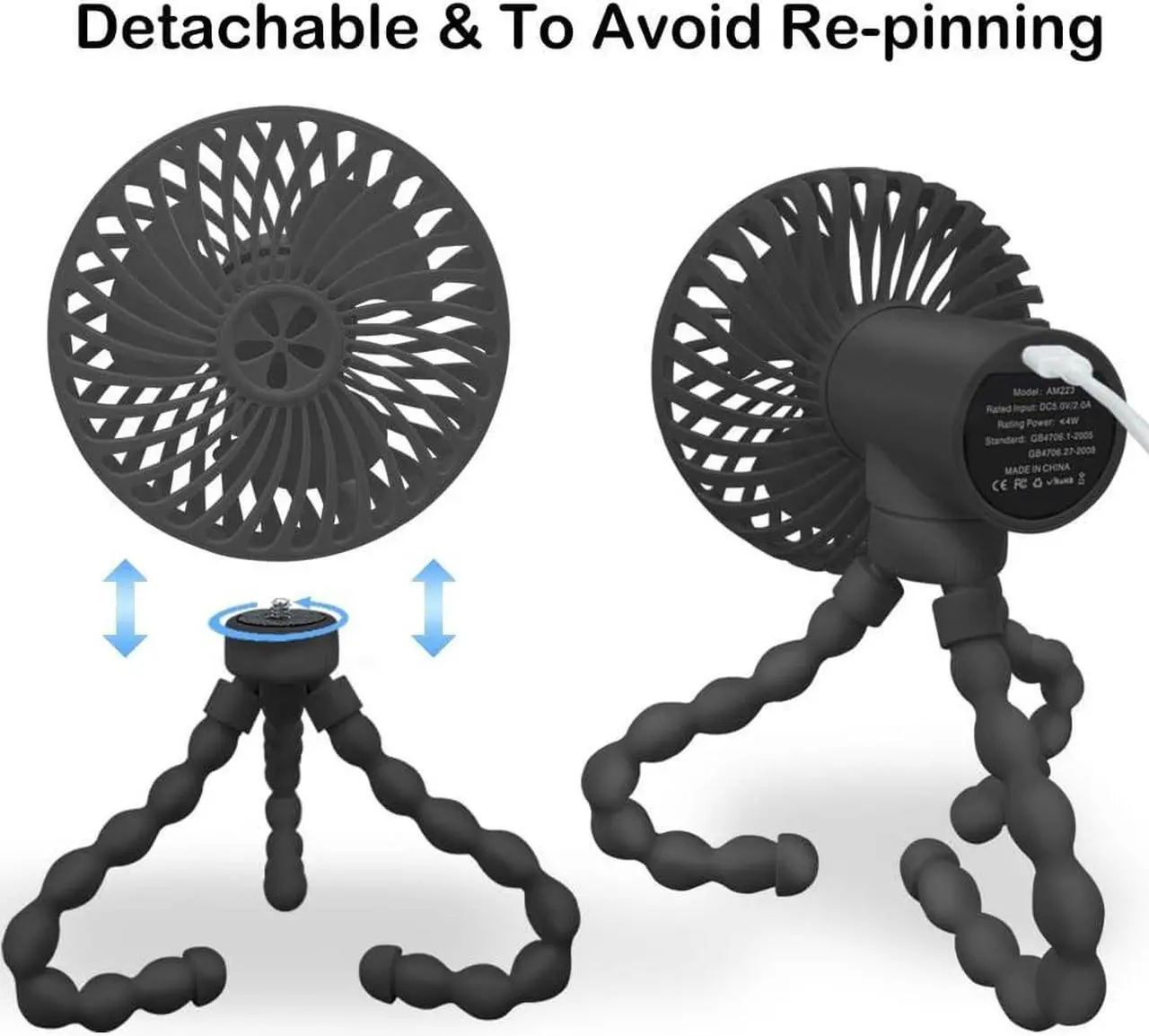Alt view image 5 of 7 - Stroller Fan Portable Fan with 3 Speed can Work 4-12 Hours,Personal Fan with Flexible Tripod Clip on Student Bed Desk Bike Crib Treadmill Camping Traveling-Car Seat Fan Black