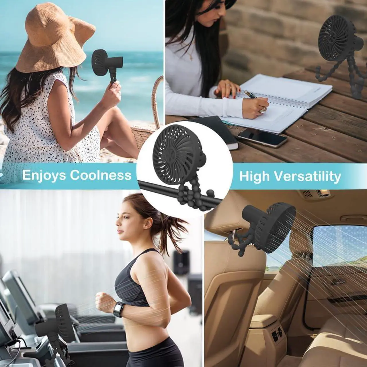 Alt view image 6 of 7 - Stroller Fan Portable Fan with 3 Speed can Work 4-12 Hours,Personal Fan with Flexible Tripod Clip on Student Bed Desk Bike Crib Treadmill Camping Traveling-Car Seat Fan Black
