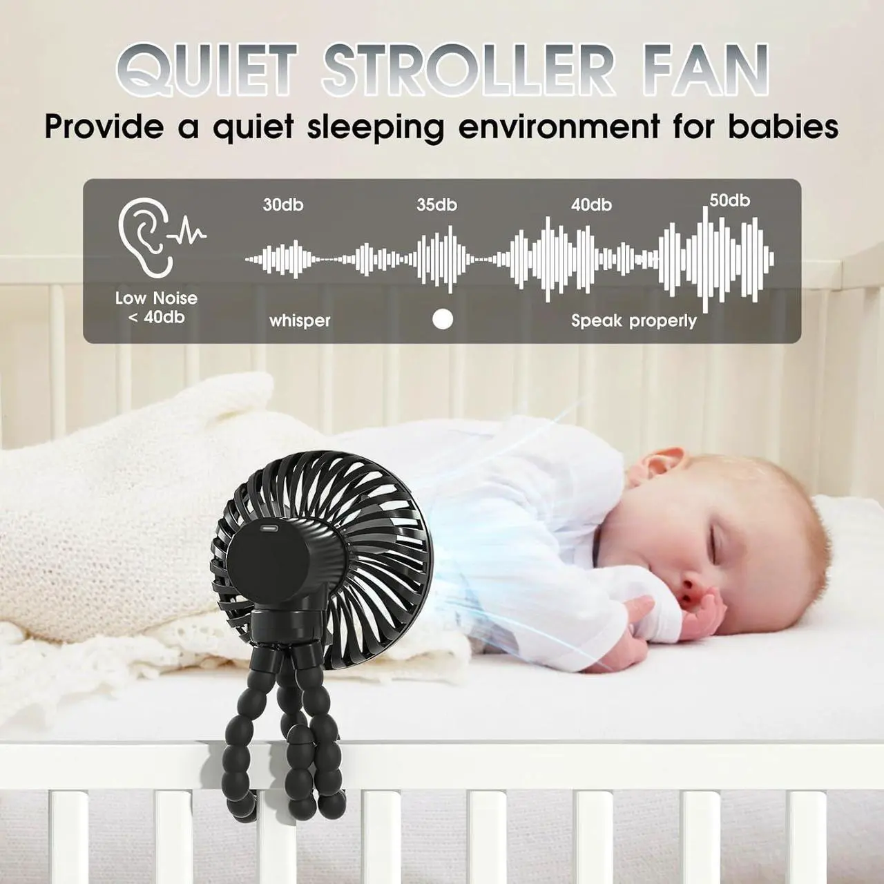 Alt view image 4 of 7 - Stroller Fan Portable Fan with 3 Speed can Work 4-12 Hours,Personal Fan with Flexible Tripod Clip on Student Bed Desk Bike Crib Treadmill Camping Traveling-Car Seat Fan Black