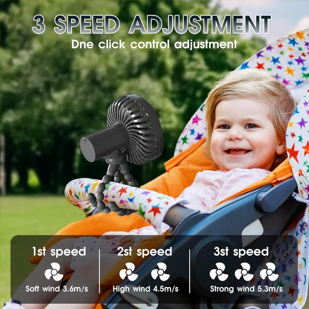 Alt view image 2 of 7 - Stroller Fan Portable Fan with 3 Speed can Work 4-12 Hours,Personal Fan with Flexible Tripod Clip on Student Bed Desk Bike Crib Treadmill Camping Traveling-Car Seat Fan Black
