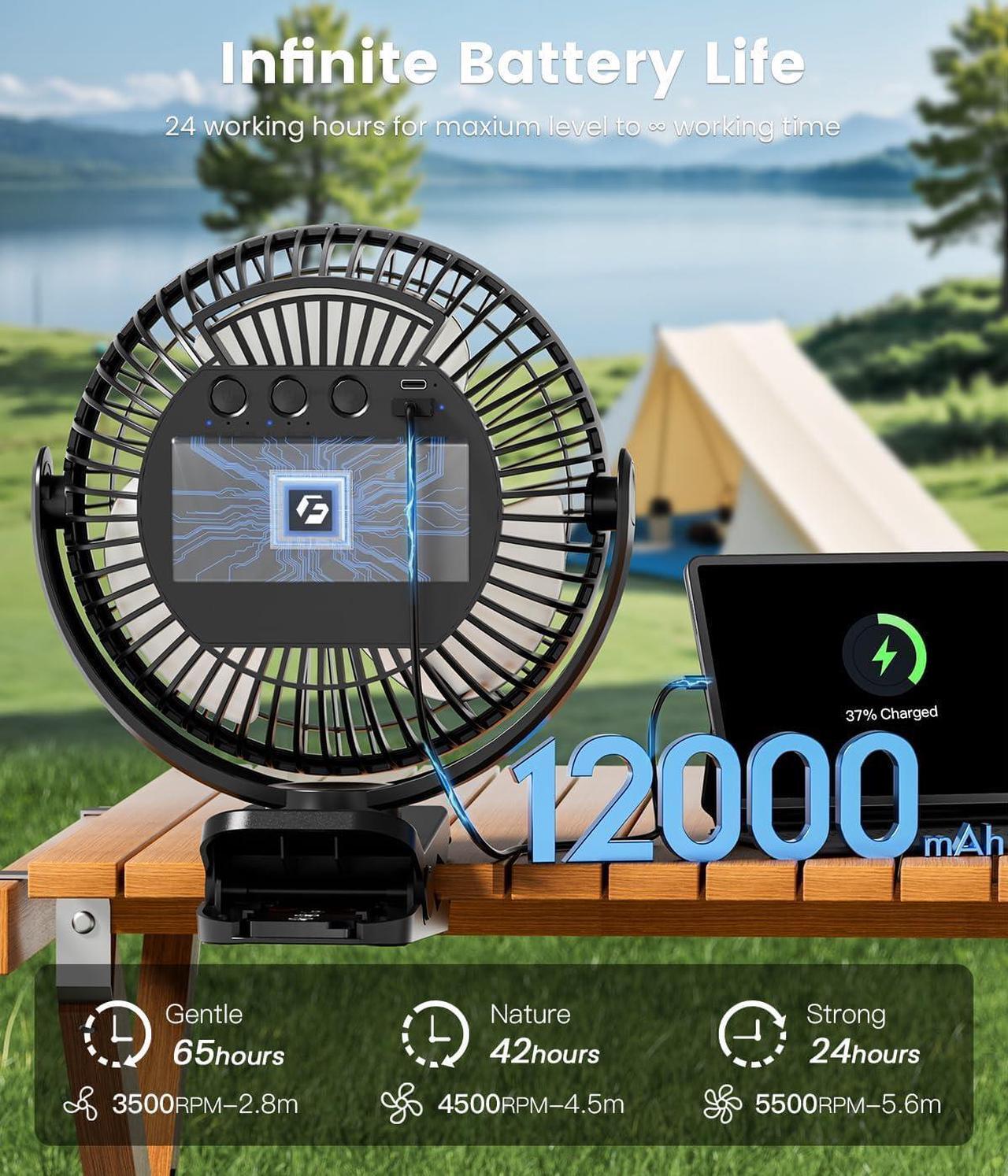 Alt view image 2 of 7 - 8-inch Clip on Fan - 12000mAh Portable Fan Battery Rechargeable with 3 Speeds and Strong Airflow, USB Fan Small Desk Fan Personal Quiet Fan for Office Stroller Bedroom and Camping.