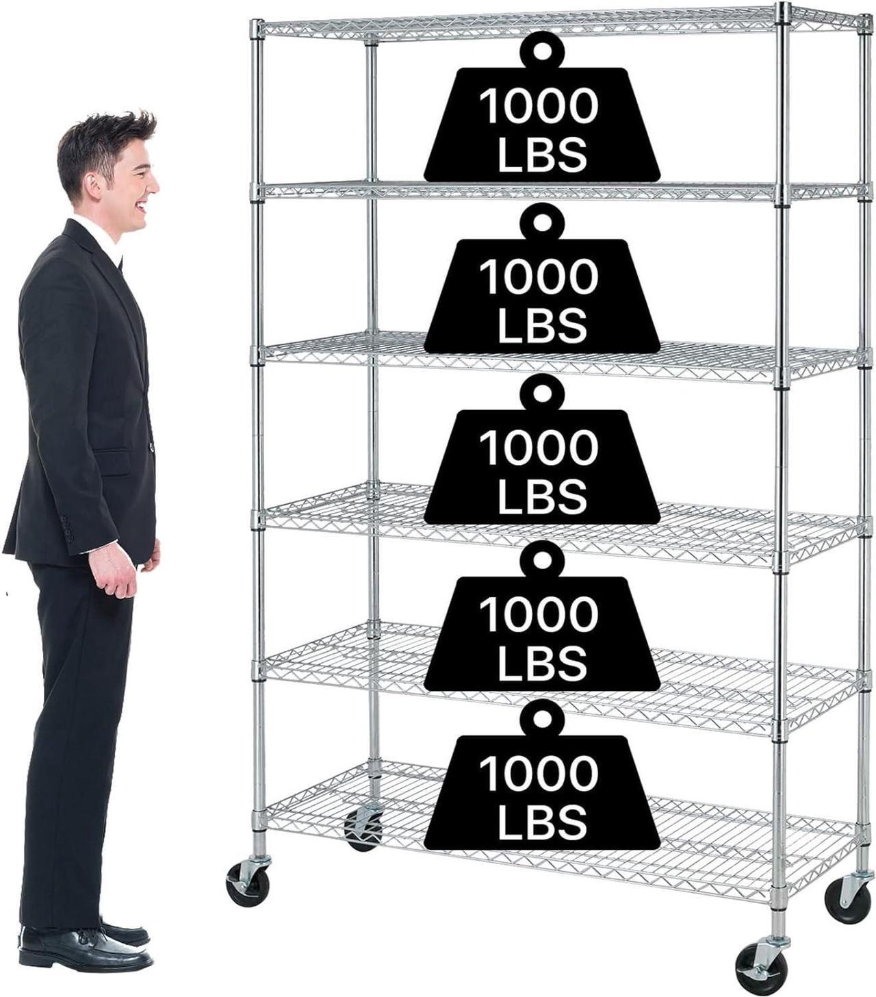 Main image of 6 Tier Storage Shelves Metal Wire Shelving Unit with Wheels, 6000LBS Weight Capacity Heavy Duty NSF Height Adjustable Garage Shelving Utility Steel Commercial Grade Shelving Rack for Garage Kitchen