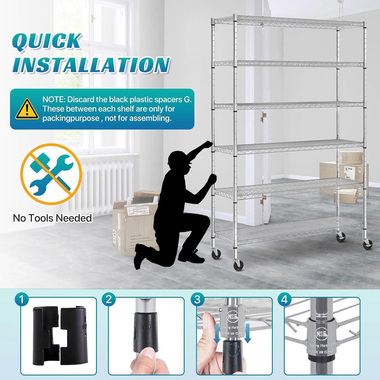 Alt view image 2 of 7 - 6 Tier Storage Shelves Metal Wire Shelving Unit with Wheels, 6000LBS Weight Capacity Heavy Duty NSF Height Adjustable Garage Shelving Utility Steel Commercial Grade Shelving Rack for Garage Kitchen