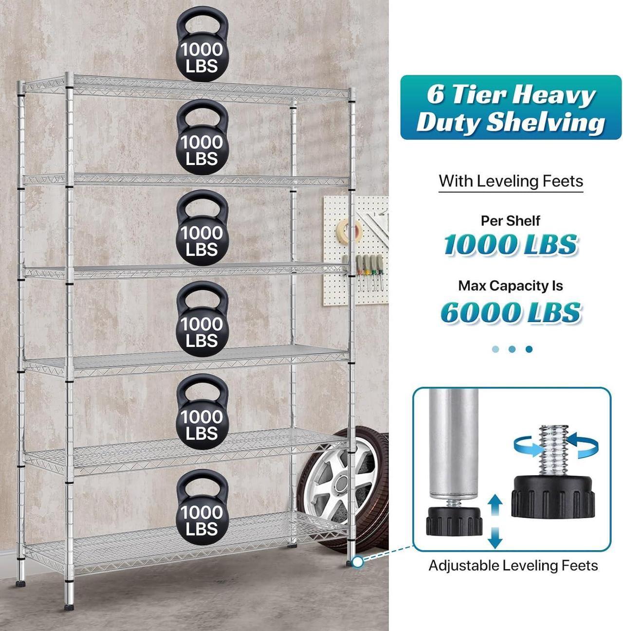 Alt view image 3 of 7 - 6 Tier Storage Shelves Metal Wire Shelving Unit with Wheels, 6000LBS Weight Capacity Heavy Duty NSF Height Adjustable Garage Shelving Utility Steel Commercial Grade Shelving Rack for Garage Kitchen
