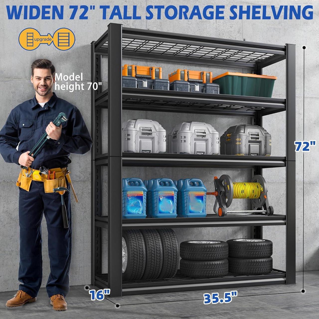Alt view image 2 of 7 - Garage Shelving, 72" Garage Storage Shelves Heavy Duty Shelving Units and Storage Loads 2500LBS, Adjustable 5 Tier Metal Shelving for Garage Shelves, Utility Shelf Rack, 72" H*35.5" W*16" D
