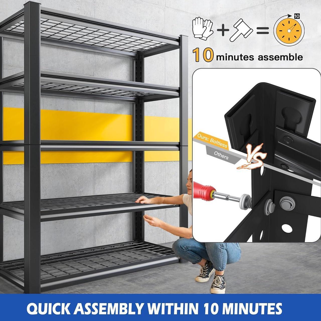Alt view image 7 of 7 - Garage Shelving, 72" Garage Storage Shelves Heavy Duty Shelving Units and Storage Loads 2500LBS, Adjustable 5 Tier Metal Shelving for Garage Shelves, Utility Shelf Rack, 72" H*35.5" W*16" D
