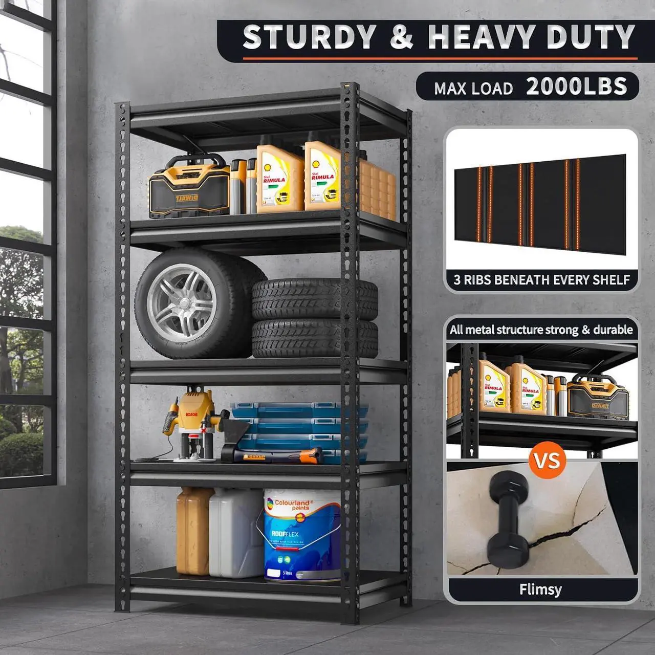 Alt view image 4 of 7 - Garage Shelving 2000 LBS Adjustable 5 -Tier Garage Storage Shelves Metal Shelving Units and Storage Rack Shelf for Garage,Basement 32" W x 17" D x 72" H,Black