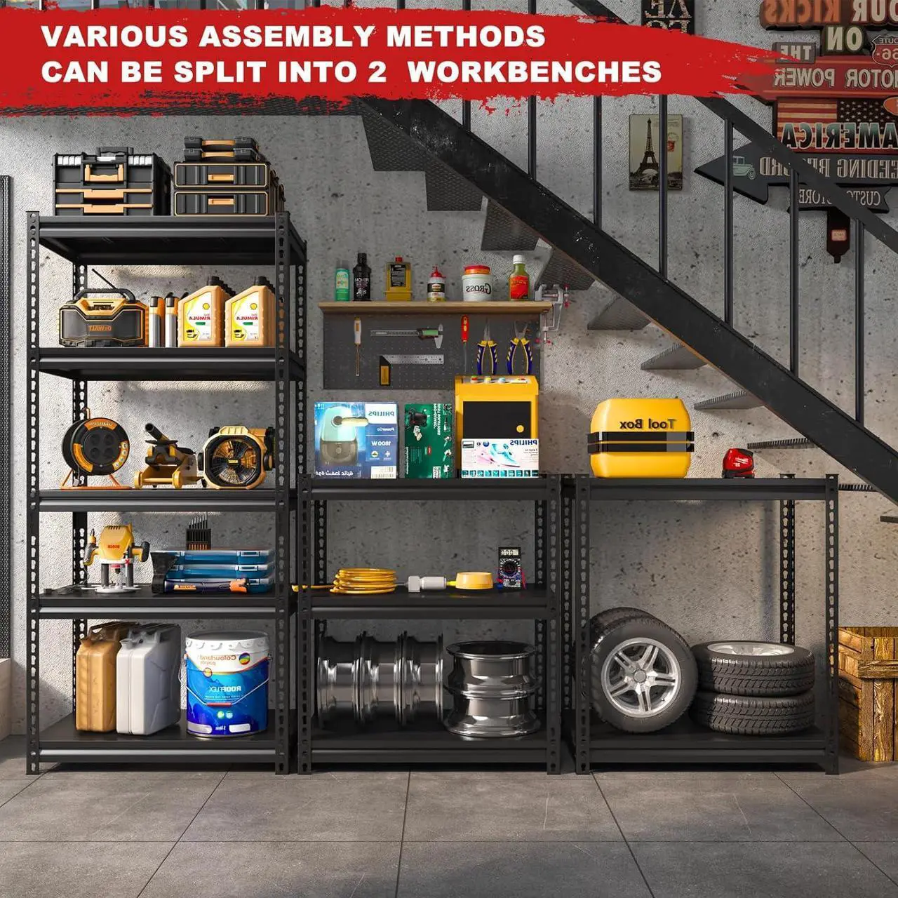 Alt view image 6 of 7 - Garage Shelving 2000 LBS Adjustable 5 -Tier Garage Storage Shelves Metal Shelving Units and Storage Rack Shelf for Garage,Basement 32" W x 17" D x 72" H,Black