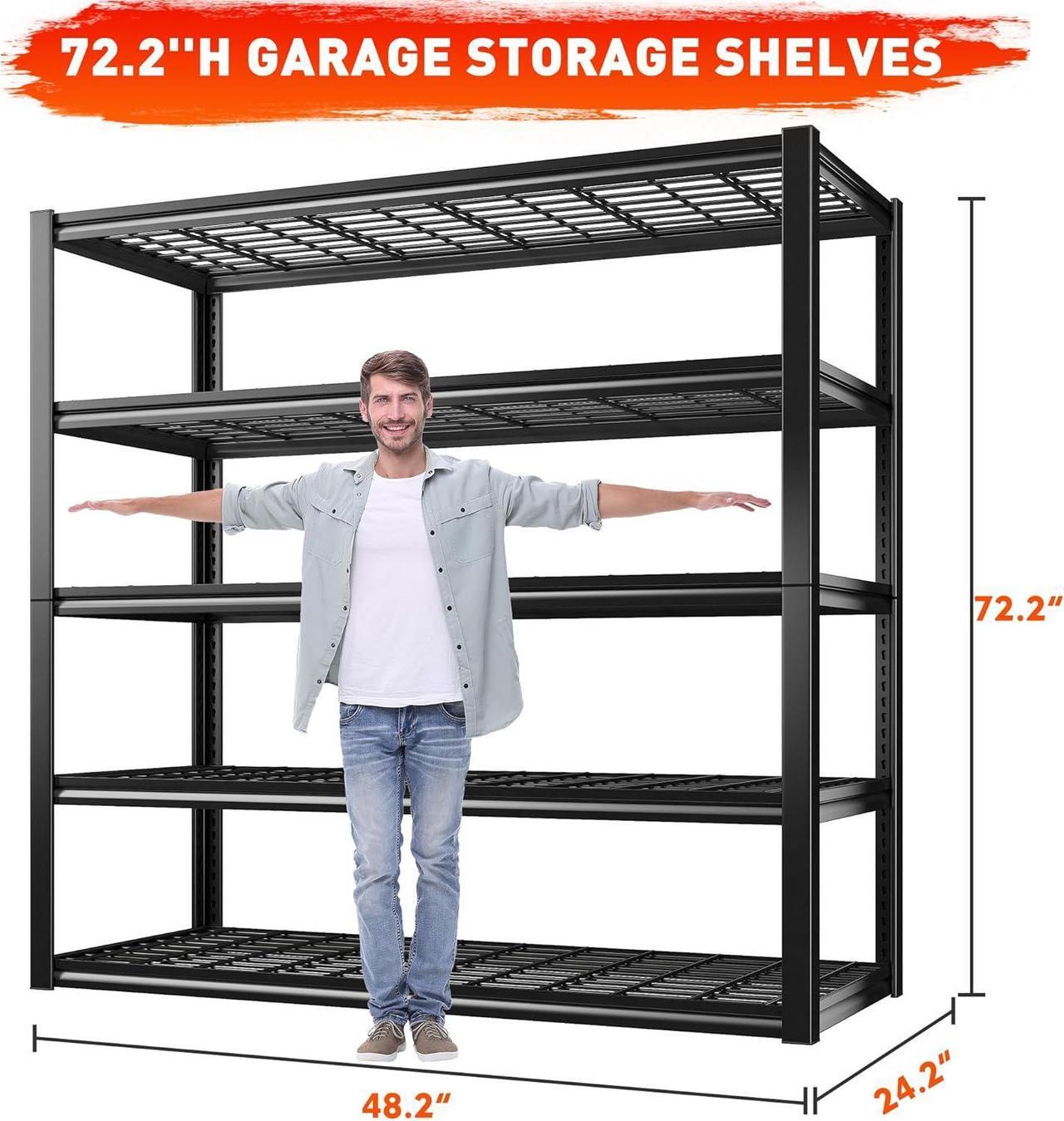 Alt view image 2 of 7 - 3000LBS Garage Shelving Heavy Duty 48.2''W Storage Shelves 72''H Adjustable 5 Tier Metal Shelves for Storage Rack Commercial Shelf Industrial Garage Shelves, 48.2''W X 72.2''H X 24.2''D, Black