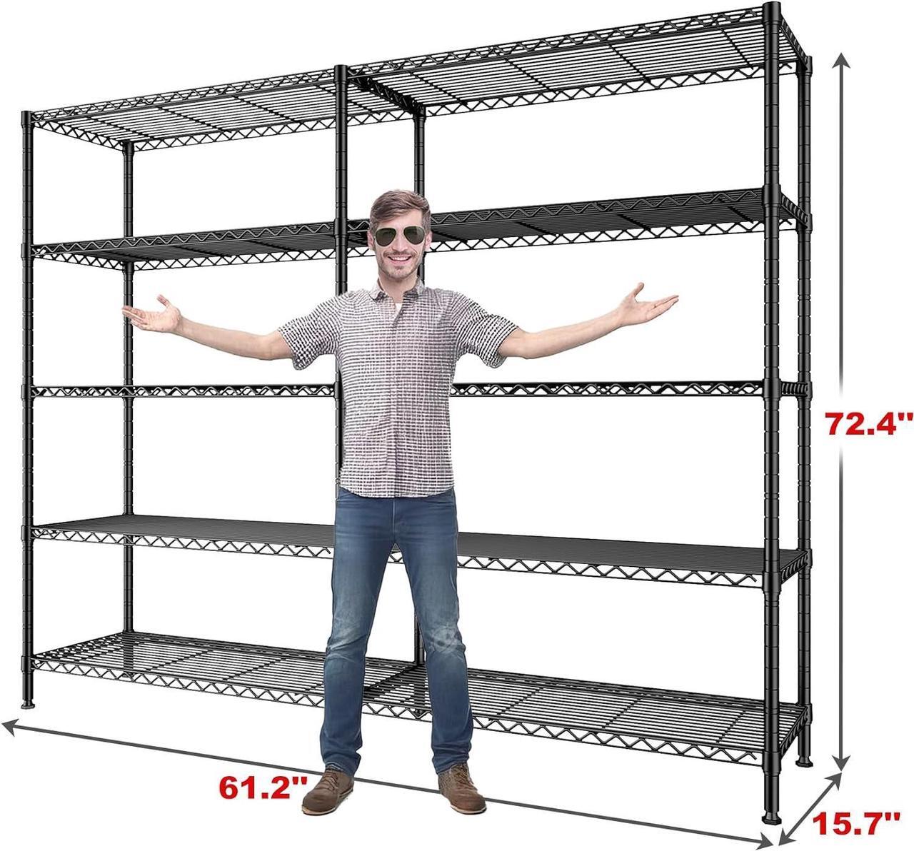 Alt view image 3 of 7 - 1500LBS Storage Shelves 61.2''W Wire Shelving Unit 5 Tier Metal Shelving for Storage Rack Shelves for Storage Heavy Duty Garage Shelf Pantry Shelves Kitchen Shelving, 61.2''W*72.4''H*15.7" D