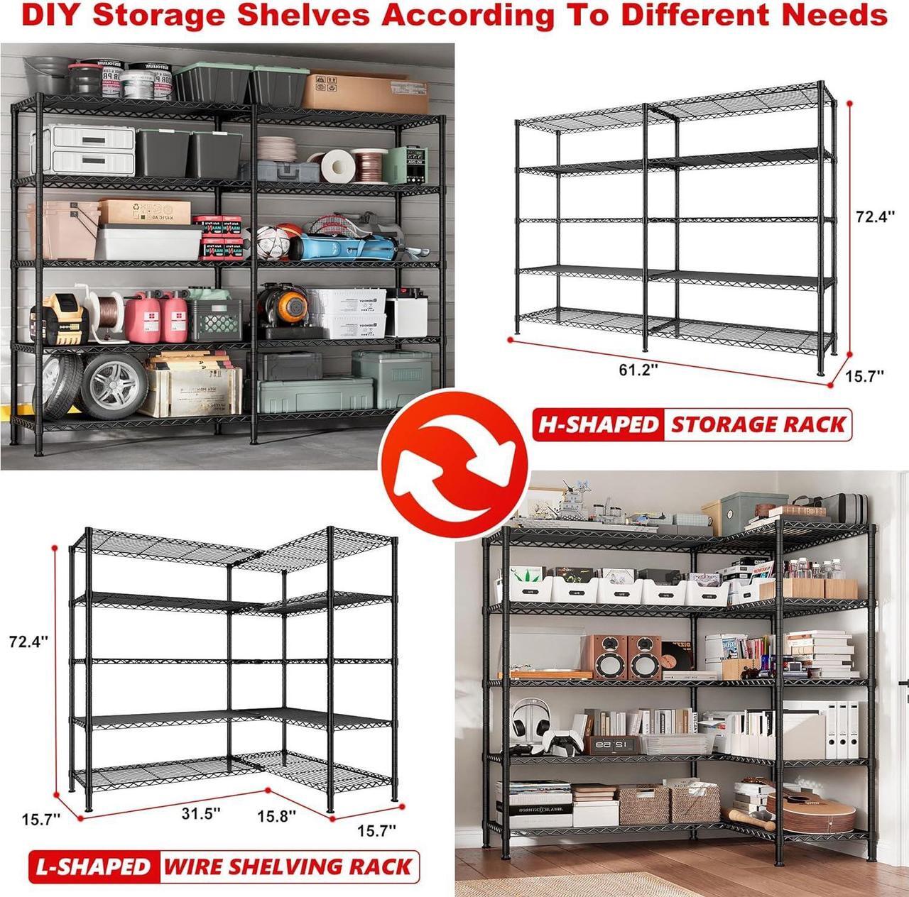 Alt view image 5 of 7 - 1500LBS Storage Shelves 61.2''W Wire Shelving Unit 5 Tier Metal Shelving for Storage Rack Shelves for Storage Heavy Duty Garage Shelf Pantry Shelves Kitchen Shelving, 61.2''W*72.4''H*15.7" D