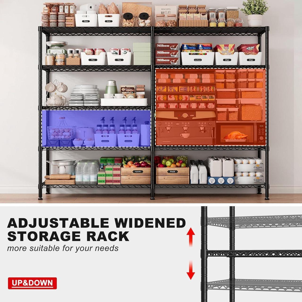 Alt view image 6 of 7 - 1500LBS Storage Shelves 61.2''W Wire Shelving Unit 5 Tier Metal Shelving for Storage Rack Shelves for Storage Heavy Duty Garage Shelf Pantry Shelves Kitchen Shelving, 61.2''W*72.4''H*15.7" D
