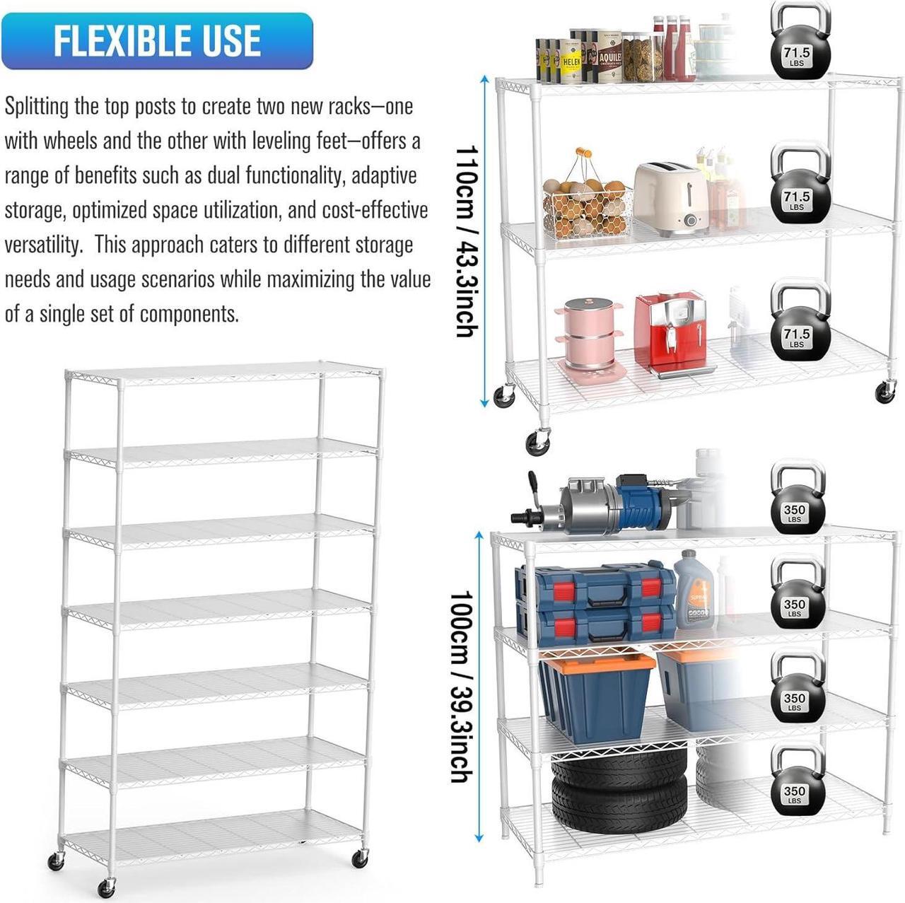Alt view image 5 of 7 - White NSF 7 Tier Metal Shelf Wire Shelving Unit, 2450lbs Heavy Duty Adjustable Storage Rack with Wheels & Shelf Liners for Closet Kitchen Garage Basement Commercial Shelving - 82" H x 48" L x 18" D