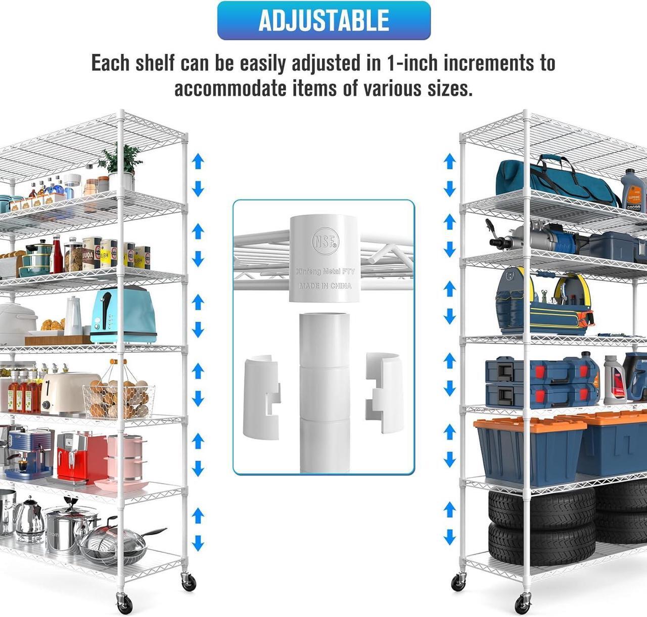 Alt view image 4 of 7 - White NSF 7 Tier Metal Shelf Wire Shelving Unit, 2450lbs Heavy Duty Adjustable Storage Rack with Wheels & Shelf Liners for Closet Kitchen Garage Basement Commercial Shelving - 82" H x 48" L x 18" D