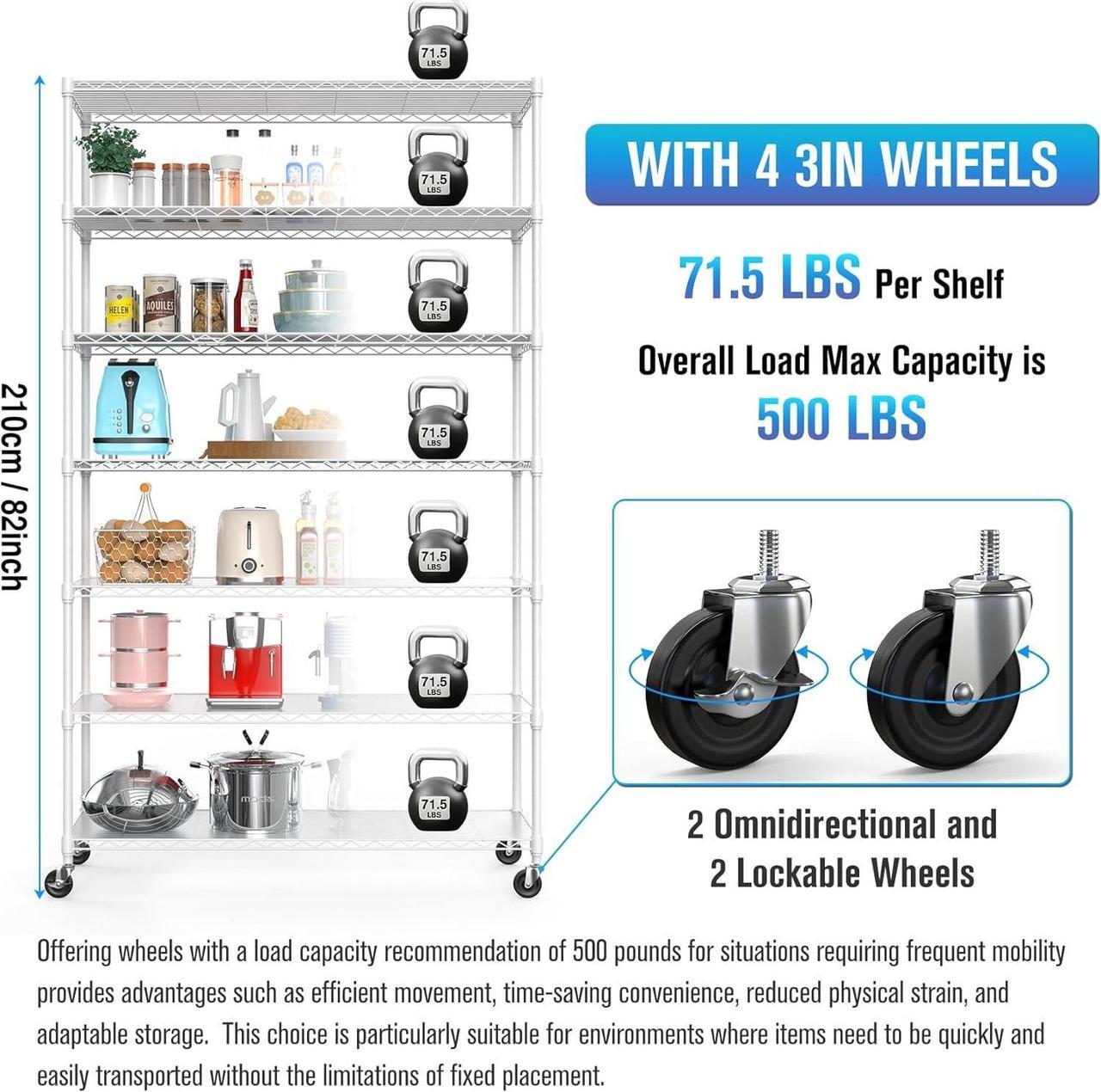 Alt view image 3 of 7 - White NSF 7 Tier Metal Shelf Wire Shelving Unit, 2450lbs Heavy Duty Adjustable Storage Rack with Wheels & Shelf Liners for Closet Kitchen Garage Basement Commercial Shelving - 82" H x 48" L x 18" D