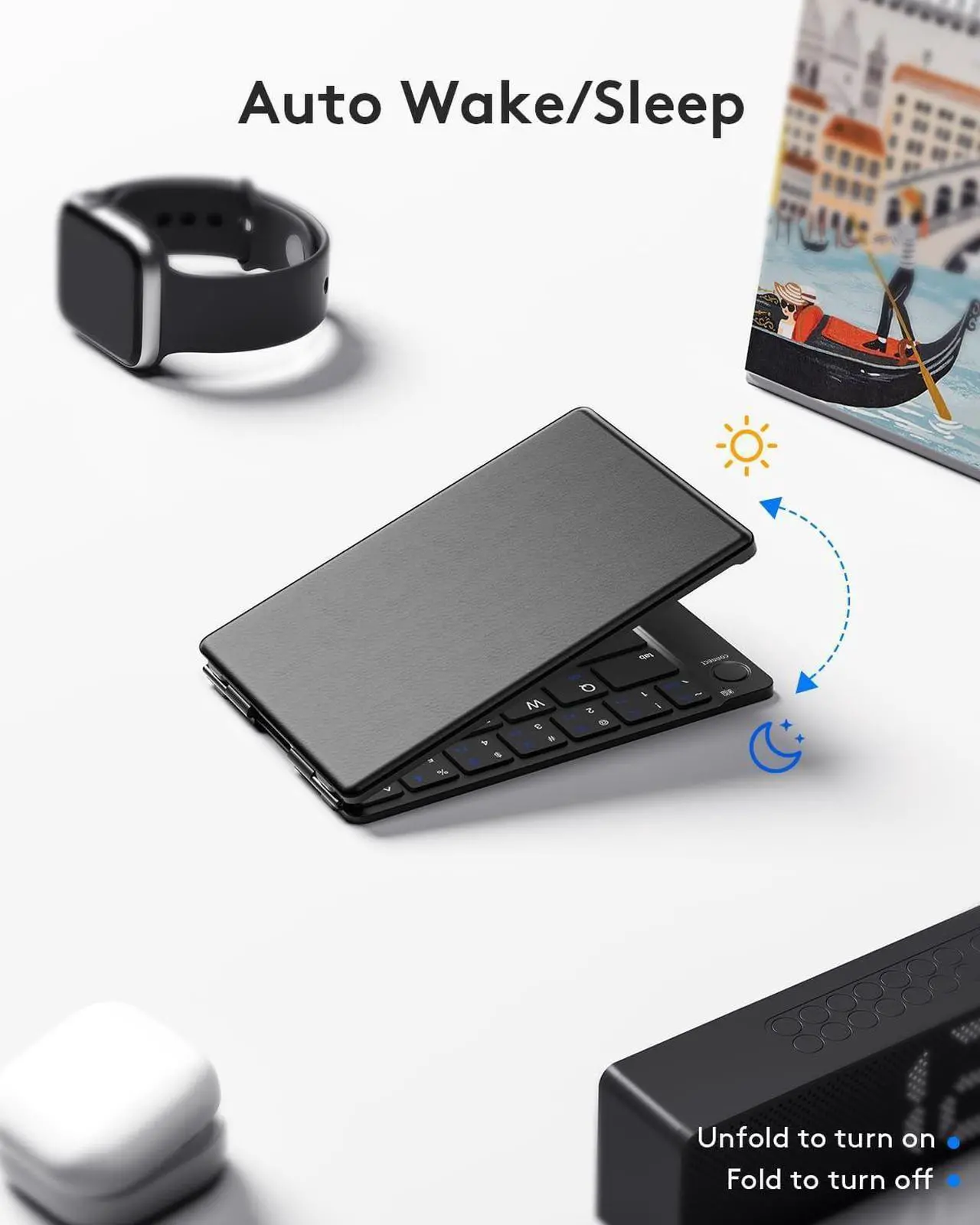 Alt view image 3 of 7 - Foldable Bluetooth Keyboard - Portable Wireless Keyboard with Stand Holder, Rechargeable Full Size Ultra Slim Keyboard Compatible IOS Android Windows Smartphone Tablet and Laptop-Black