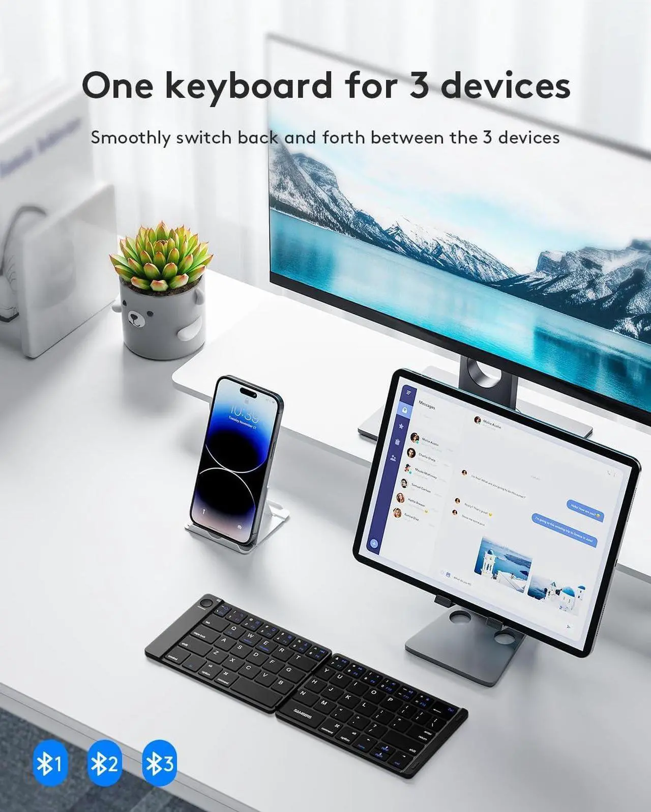 Alt view image 2 of 7 - Bluetooth Foldable Keyboard, Wireless Portable Folding Keyboard, Full-Size Ultra-Slim Rechargeable Keyboard Connect Up to 3 Devices for iOS Android Windows Phone Tablet and Laptop, Black