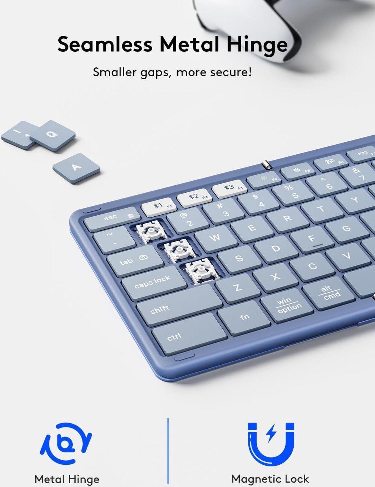 Alt view image 6 of 7 - Foldable Bluetooth Keyboard with Touchpad, Full-Size Wireless Folding Keyboard with PU Leather, Portable Travel Keyboard for iOS Android Windows Mac OS, Support 3 Devices (BT5.1 x 3), Blue