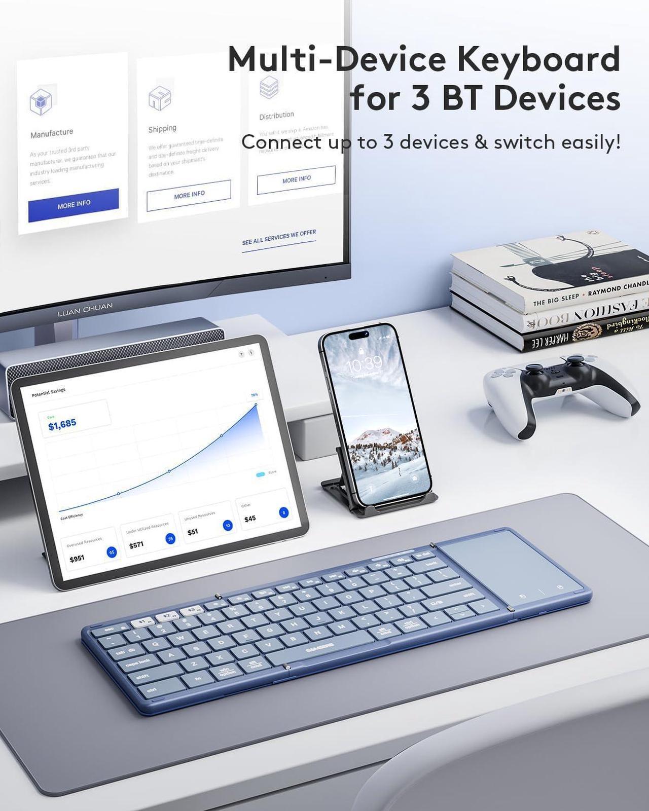 Alt view image 2 of 7 - Foldable Bluetooth Keyboard with Touchpad, Full-Size Wireless Folding Keyboard with PU Leather, Portable Travel Keyboard for iOS Android Windows Mac OS, Support 3 Devices (BT5.1 x 3), Blue