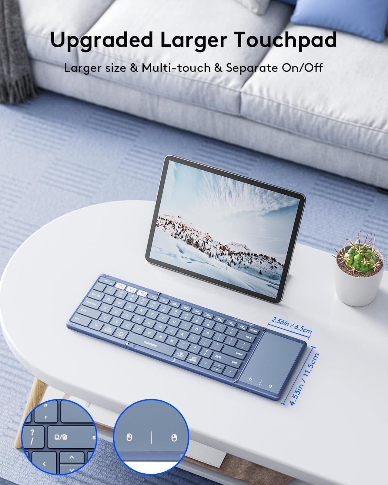 Alt view image 3 of 7 - Foldable Bluetooth Keyboard with Touchpad, Full-Size Wireless Folding Keyboard with PU Leather, Portable Travel Keyboard for iOS Android Windows Mac OS, Support 3 Devices (BT5.1 x 3), Blue