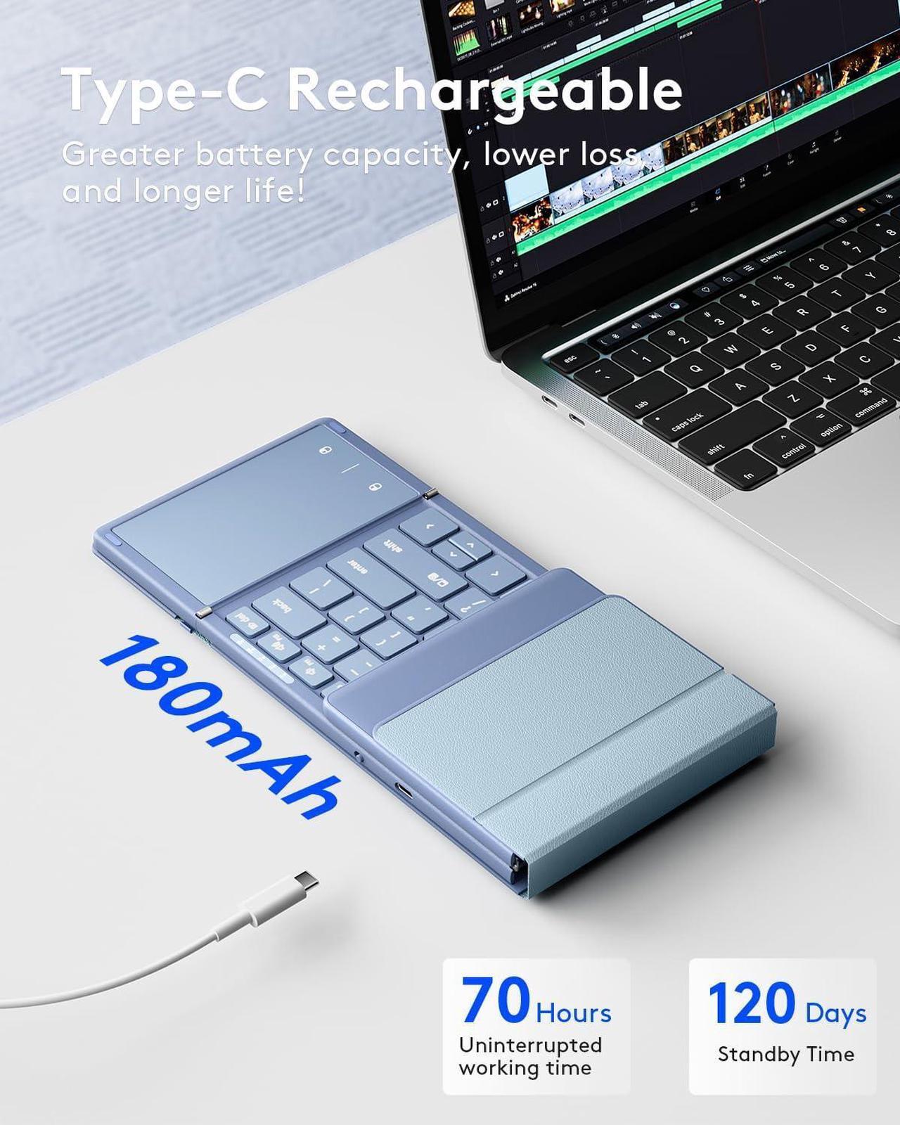 Alt view image 5 of 7 - Foldable Bluetooth Keyboard with Touchpad, Full-Size Wireless Folding Keyboard with PU Leather, Portable Travel Keyboard for iOS Android Windows Mac OS, Support 3 Devices (BT5.1 x 3), Blue