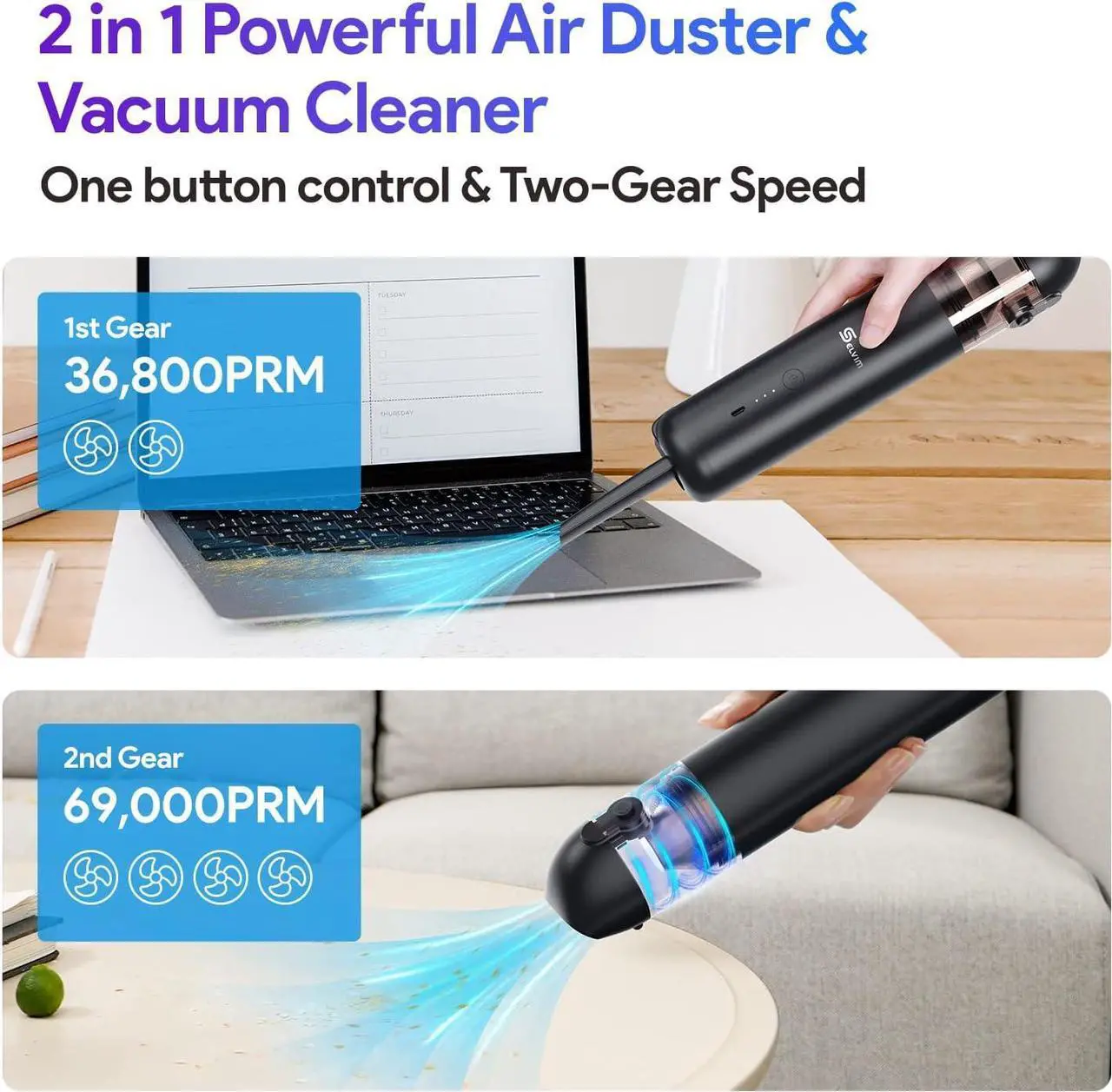 Alt view image 3 of 7 - Compressed Air Duster & Vacuum 2 in 1, Electric Air Blower Duster 69000RPM Computer Keyboard PC Cleaner, No Compressed Air Can with 8000mAh Battery, 2 Speed Powerful Cordless Car Office Duster