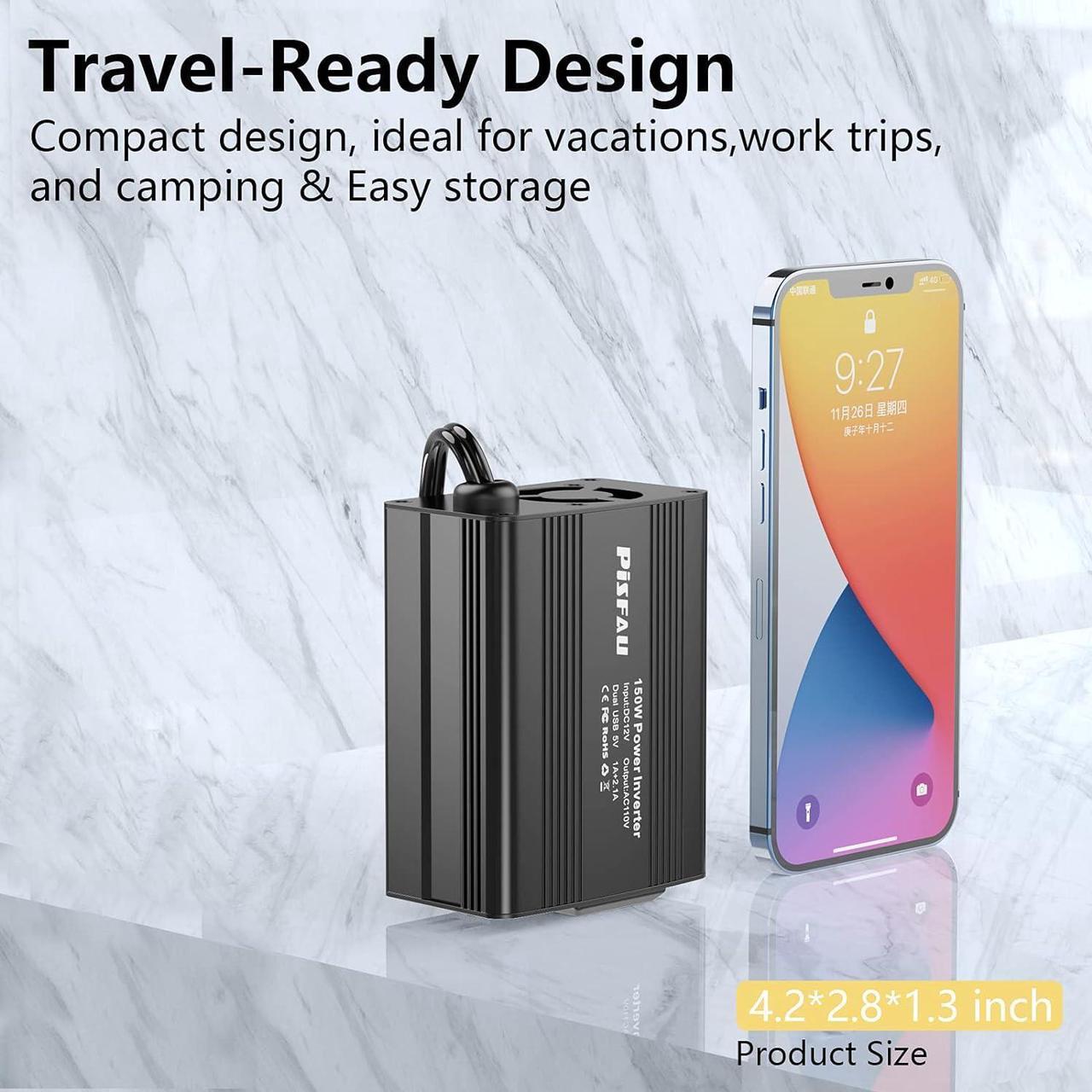 Alt view image 3 of 7 - 150W Power Inverter 12V DC to 110V AC Car Plug Adapter Outlet Converter with 3.1A Dual USB AC car Charger for Laptop Computer Black