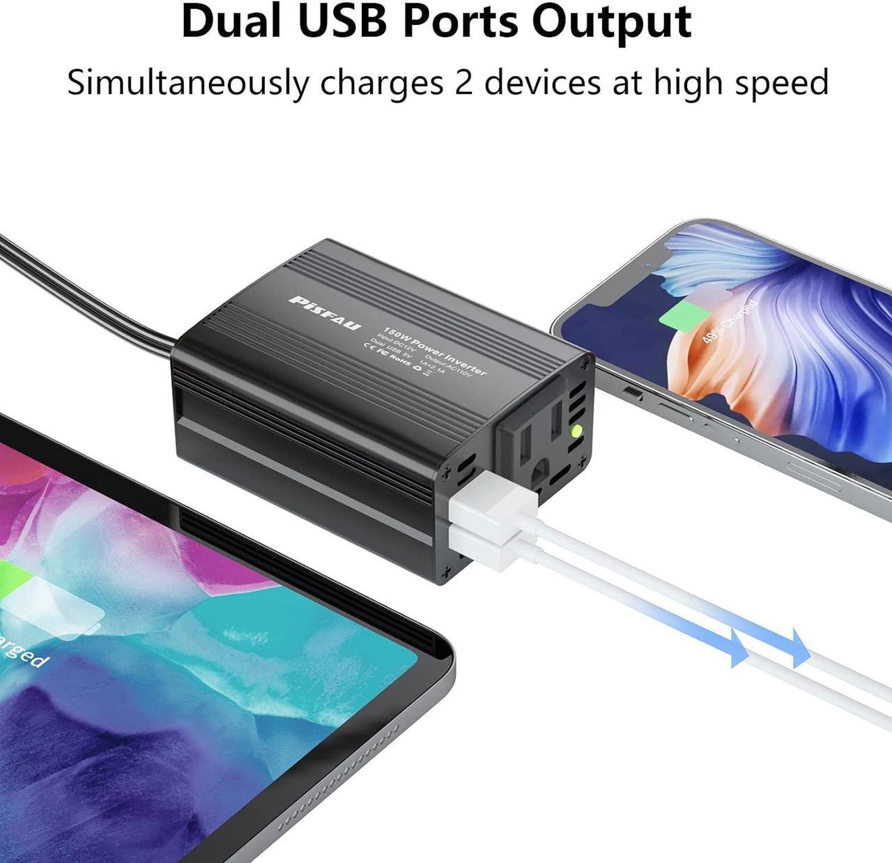 Alt view image 6 of 7 - 150W Power Inverter 12V DC to 110V AC Car Plug Adapter Outlet Converter with 3.1A Dual USB AC car Charger for Laptop Computer Black