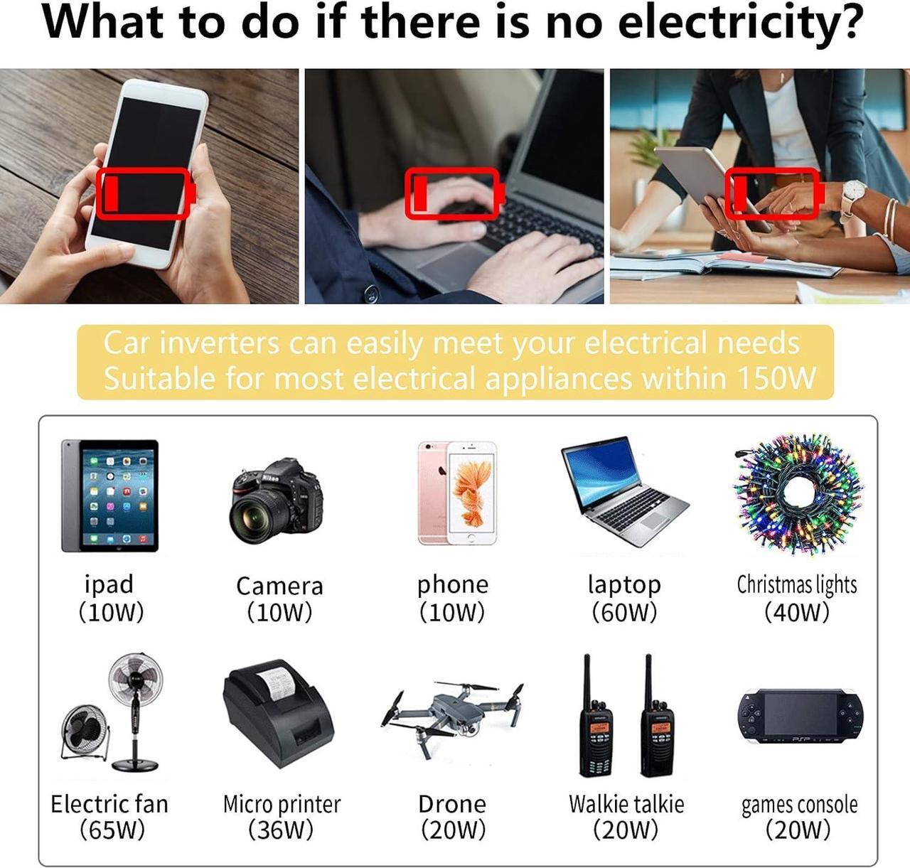 Alt view image 4 of 7 - 150W Power Inverter 12V DC to 110V AC Car Plug Adapter Outlet Converter with 3.1A Dual USB AC car Charger for Laptop Computer Black