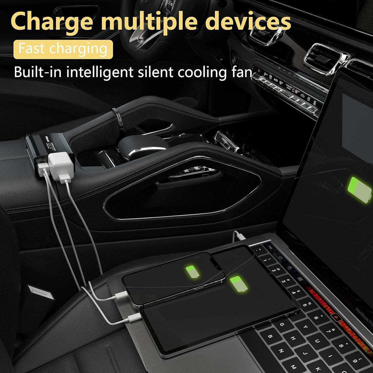 Alt view image 2 of 7 - 150W Power Inverter 12V DC to 110V AC Car Plug Adapter Outlet Converter with 3.1A Dual USB AC car Charger for Laptop Computer Black