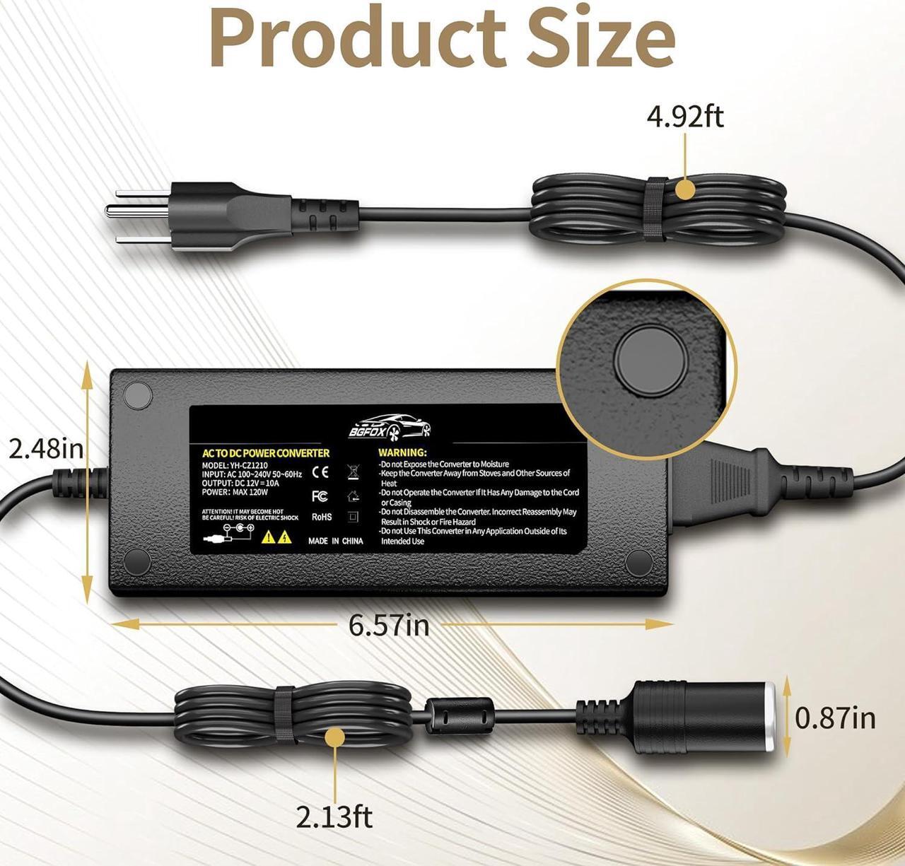 Alt view image 5 of 7 - AC to DC Converter, 120W/10A/7.64FT 110V to 12V Converter, Car Cigarette Lighter Adapter AC/DC Power Supply Socket for Inflator, Car Vacuum Cleaner, Car Refrigerator, etc.