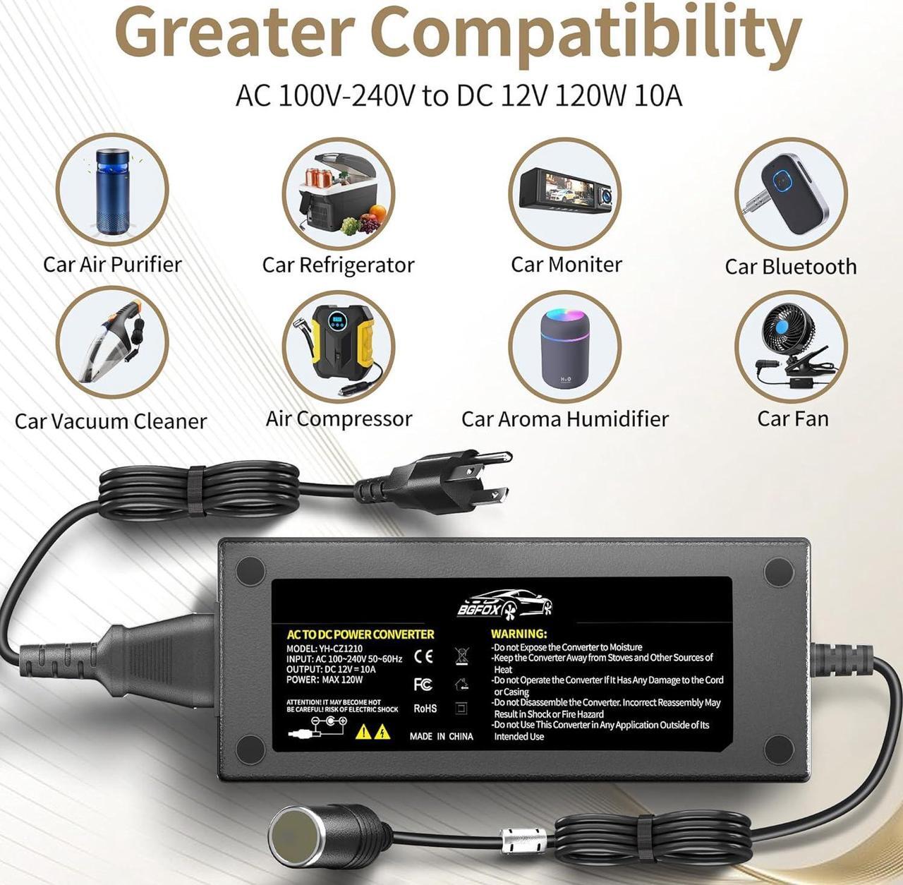 Alt view image 4 of 7 - AC to DC Converter, 120W/10A/7.64FT 110V to 12V Converter, Car Cigarette Lighter Adapter AC/DC Power Supply Socket for Inflator, Car Vacuum Cleaner, Car Refrigerator, etc.